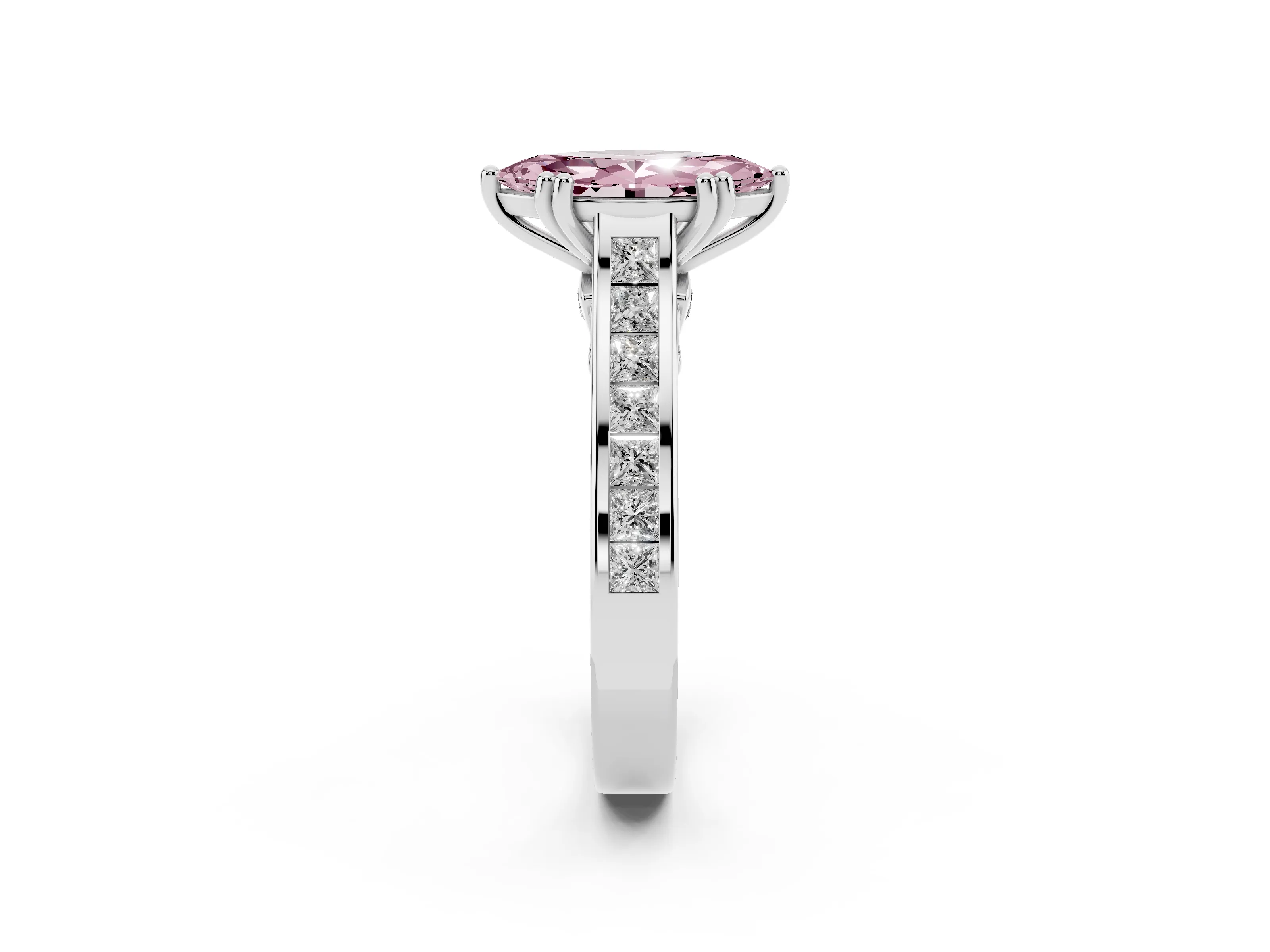 Fancy Pink Marquise Cut Diamond Channel Set Solitaire Engagement Ring Set in Silver with Prong Setting