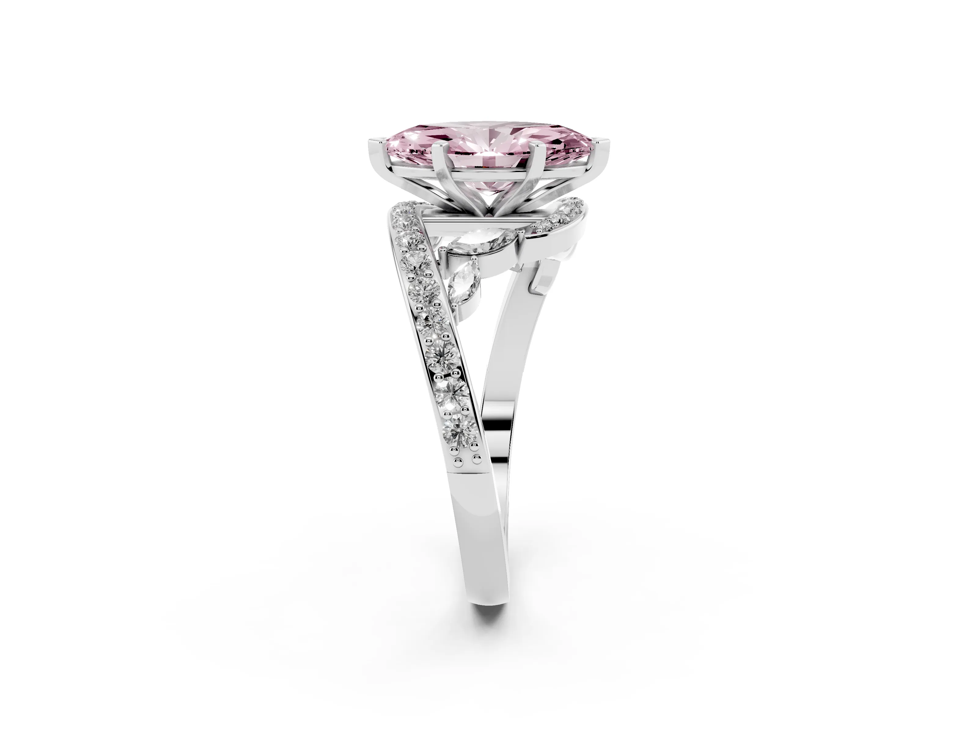 Fancy Pink Marquise Cut Diamond Solitaire Ring Set in Silver with Pavé Twist Band and Secure Prong Setting