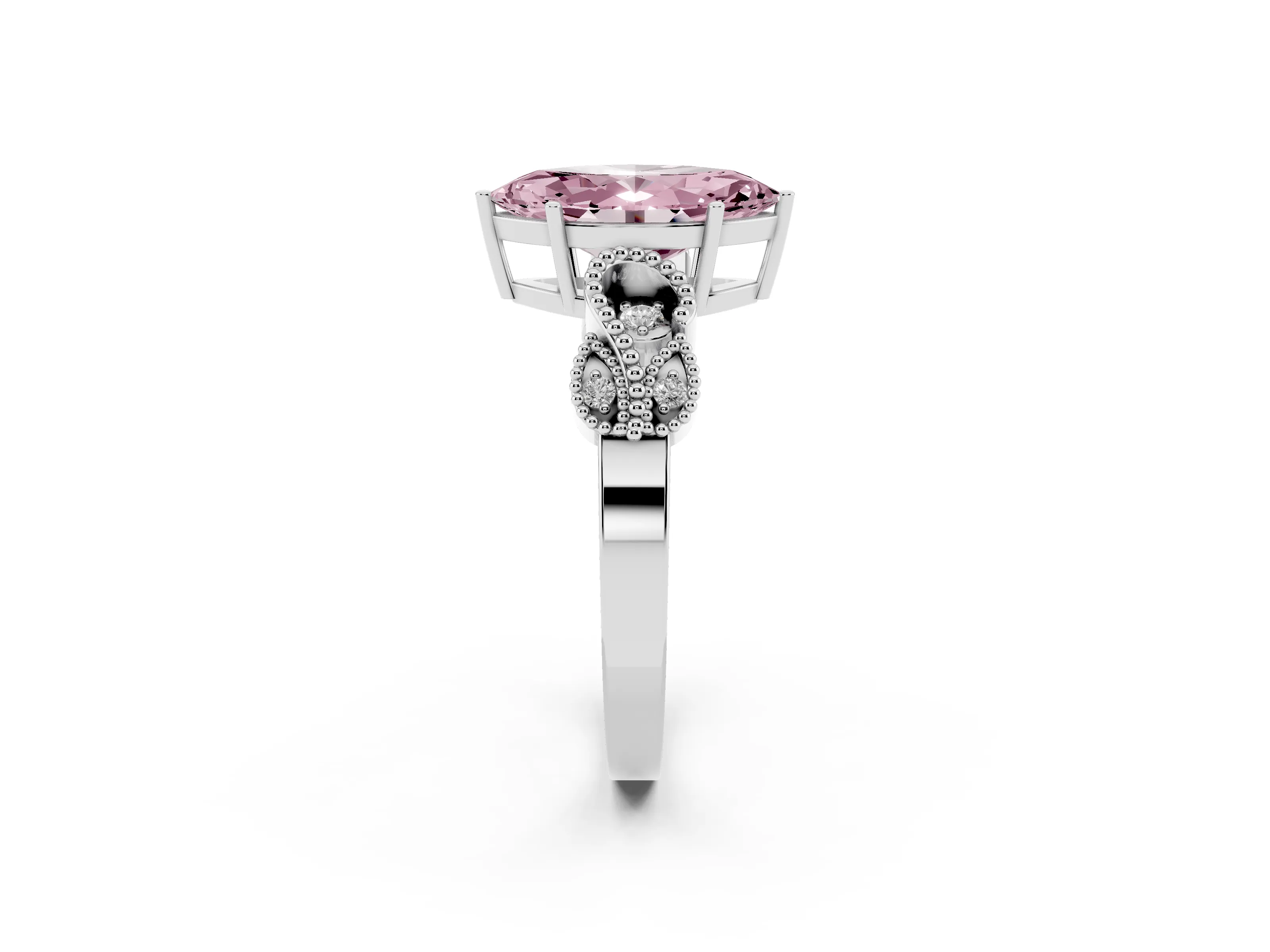 Fancy Pink Marquise Cut Diamond Milgrain Leaf Band Solitaire Ring Set in White gold with Accent Stones and Prong Setting