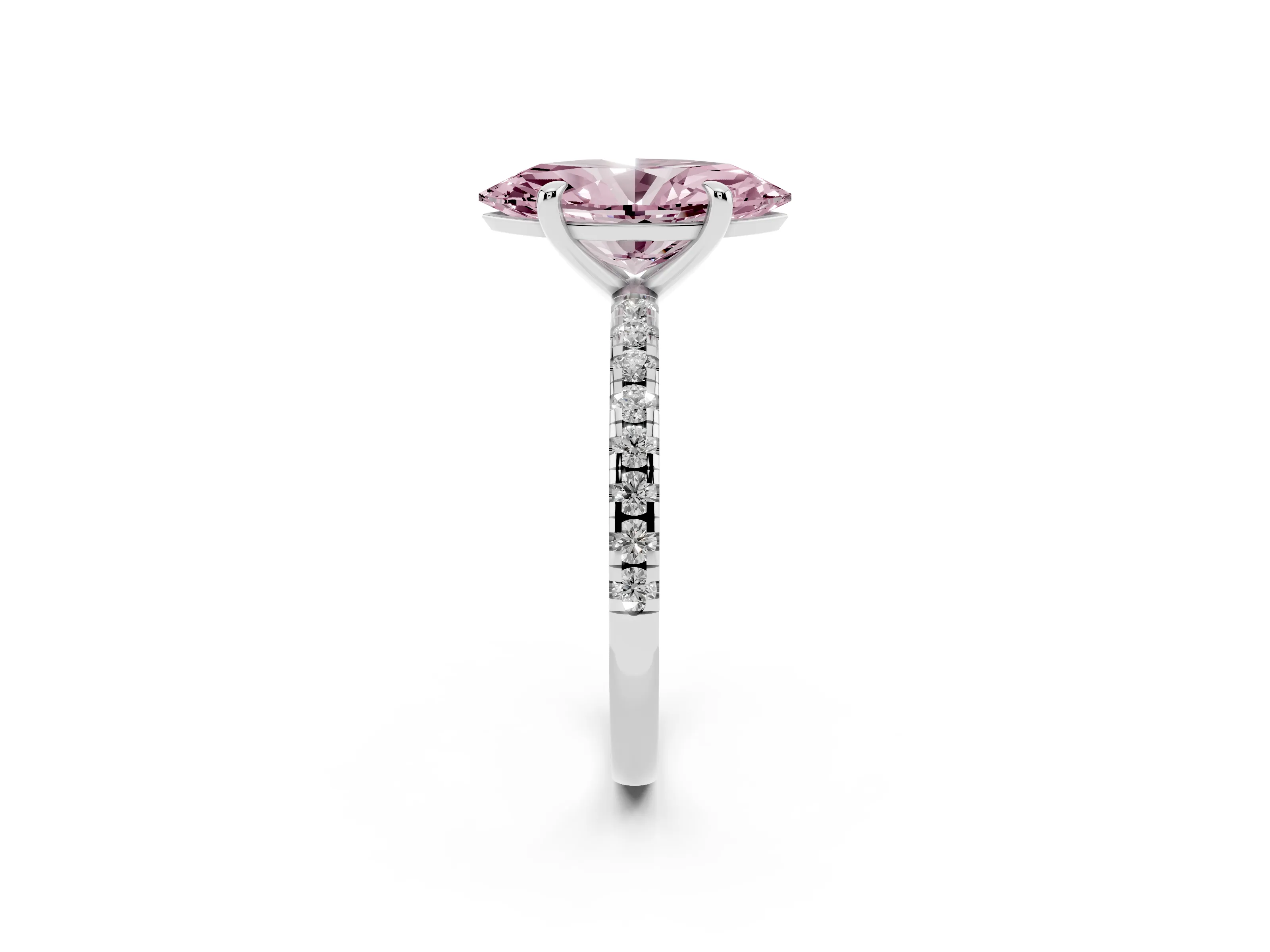 Fancy Pink Marquise Cut Diamond Brilliant Solitaire Ring Set in Silver with Pavé Band and Prong Setting