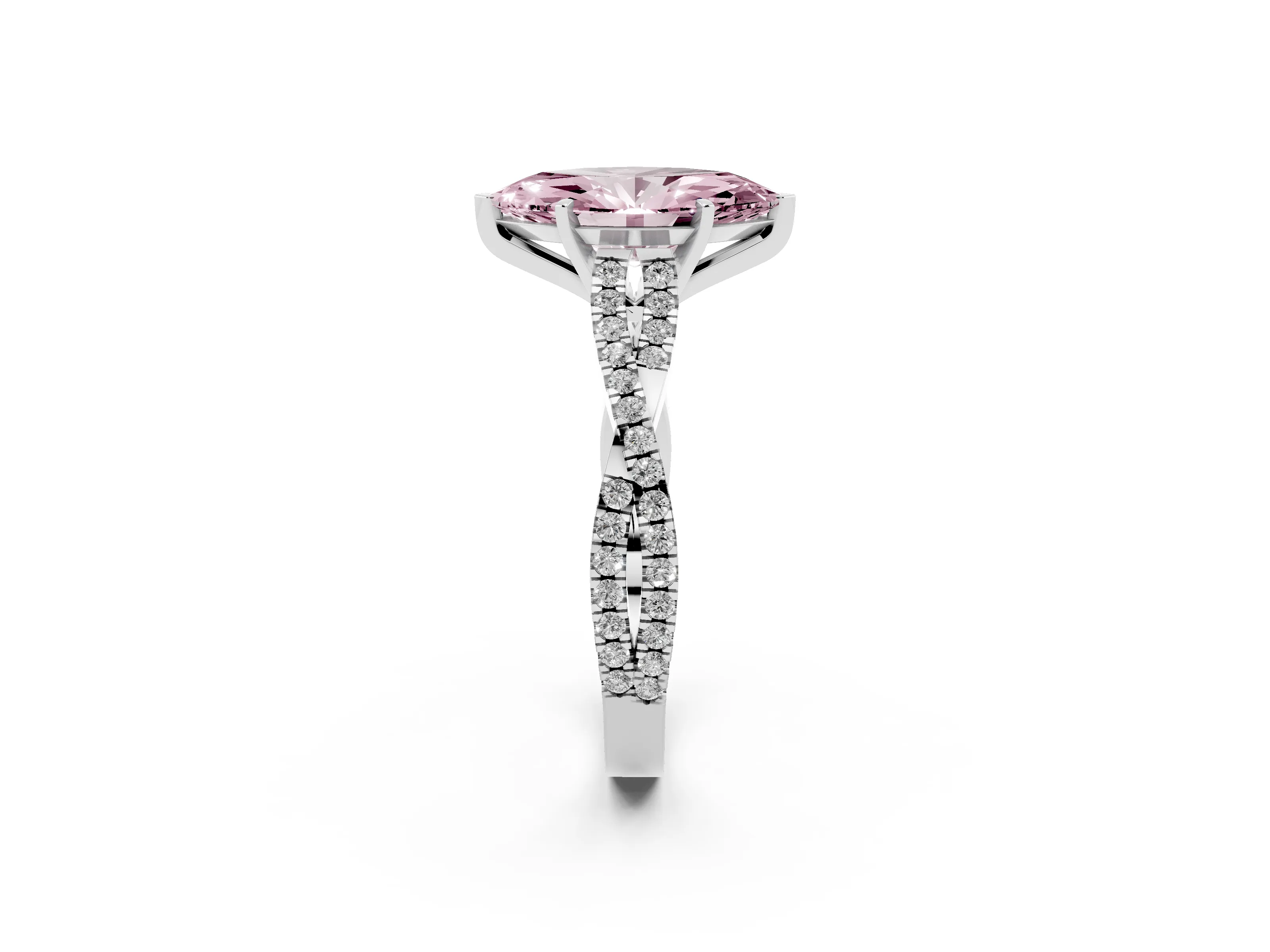 Fancy Pink Marquise Cut Diamond Solitaire Engagement Ring Set in Platinum with Twisted Pavé Band and Prong Setting