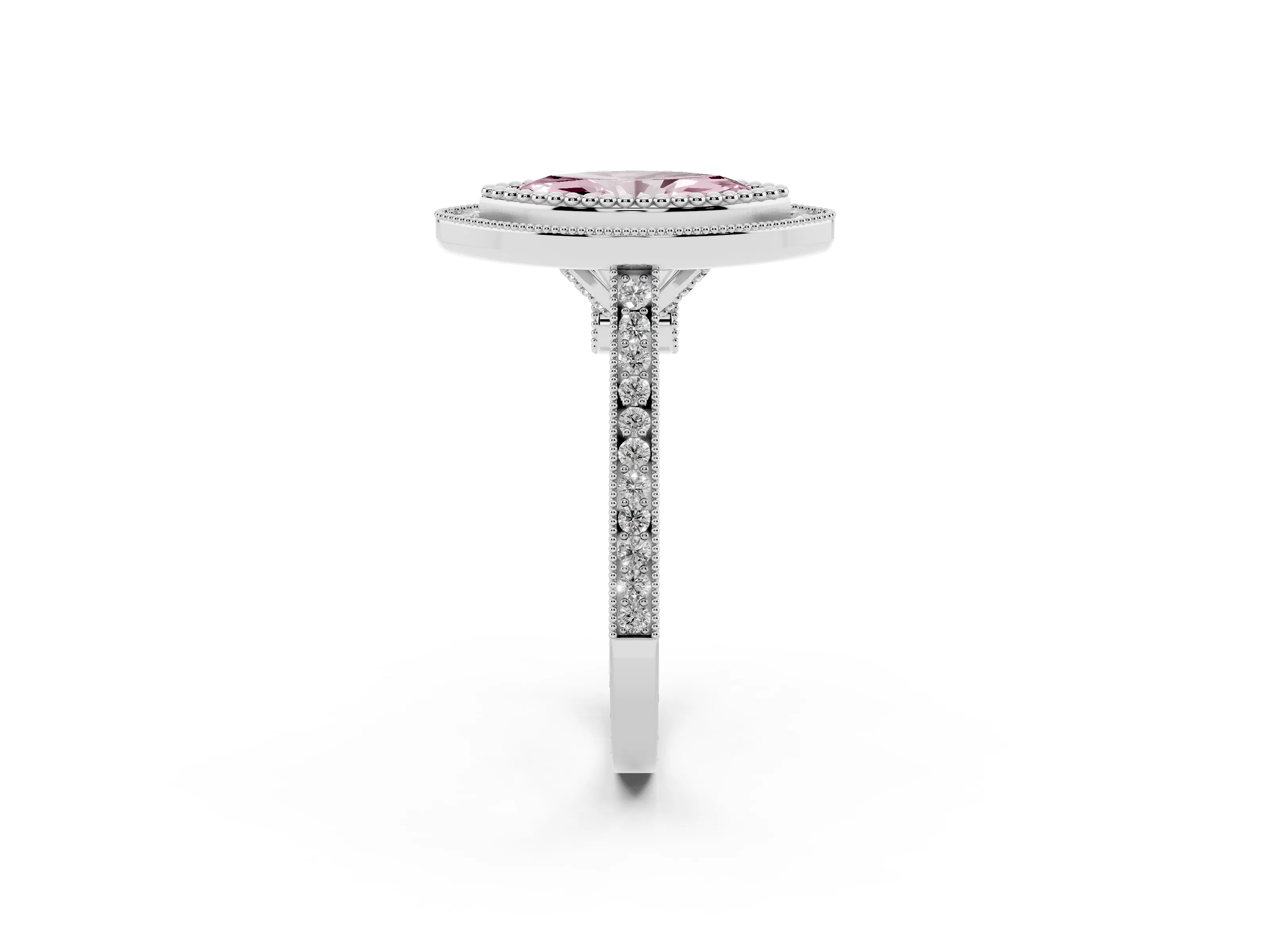 Fancy Pink Marquise Cut Diamond Halo Ring Set in White gold with Milgrain Frame and Pavé Band