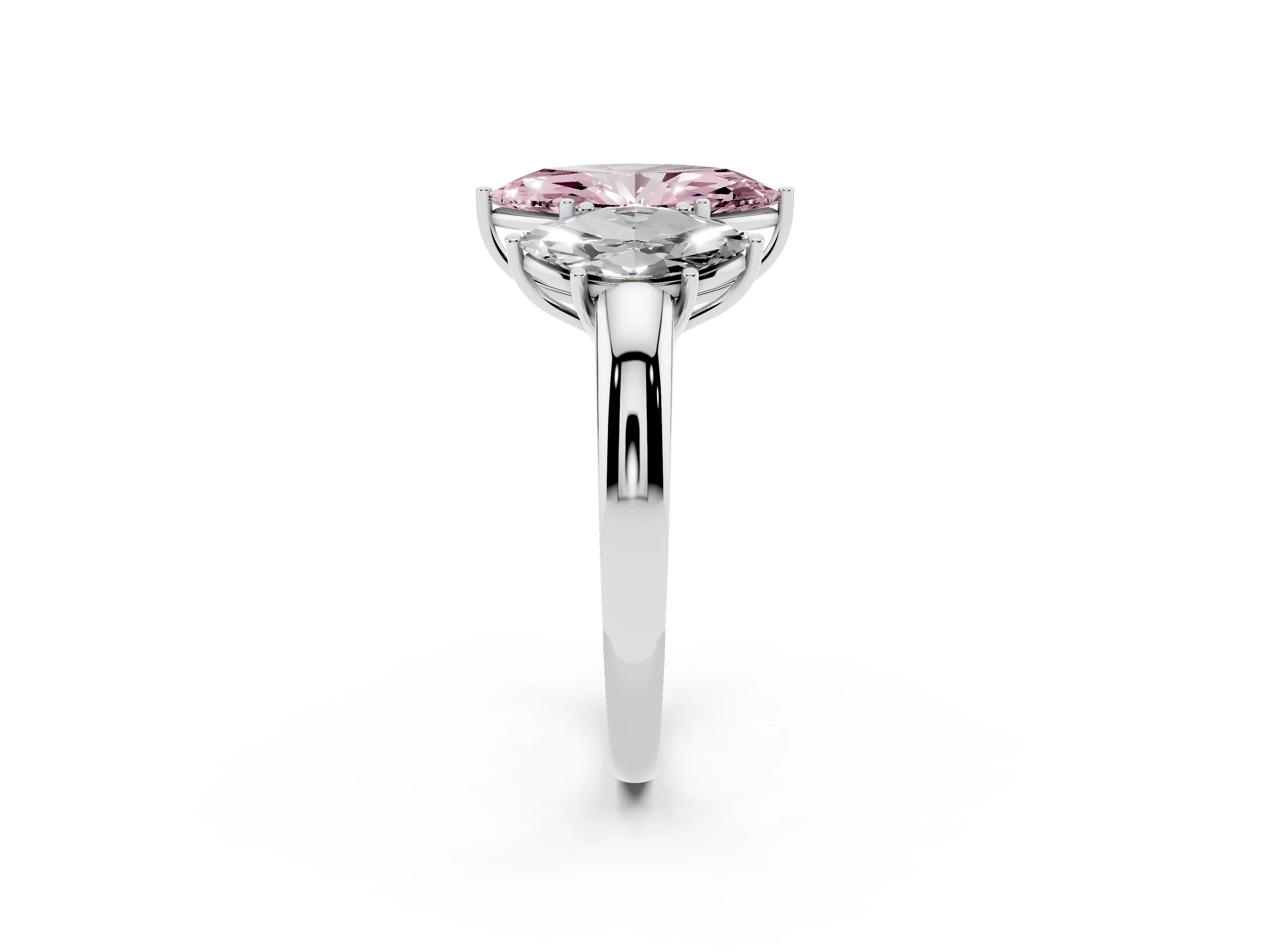 Fancy Pink Marquise Cut Diamond Three-Stone Ring Set in White gold with Bold Center and Classic Band