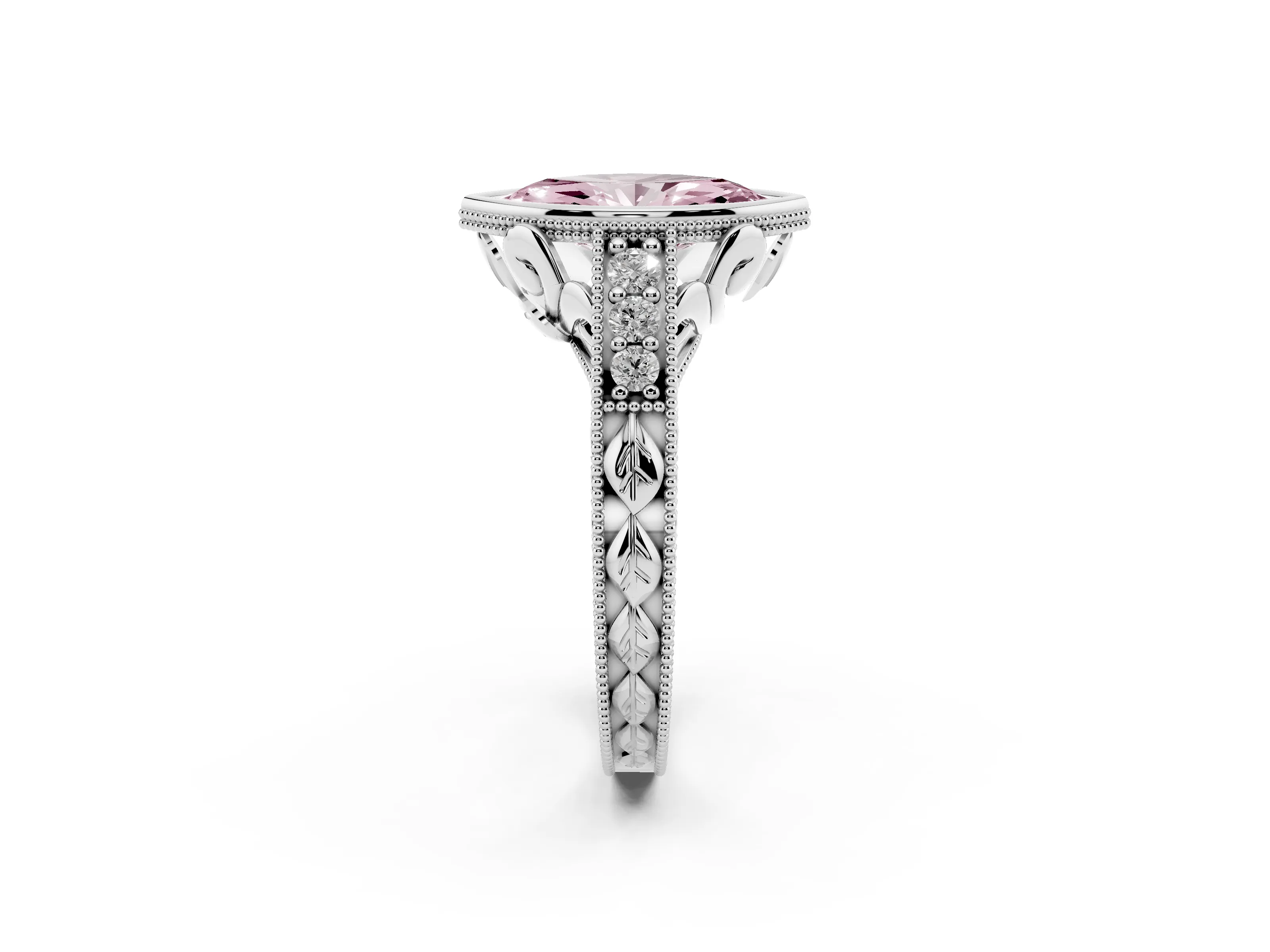 Fancy Pink Bezel Set Marquise Cut Diamond Milgrain Pavé Engagement Ring Set in White gold