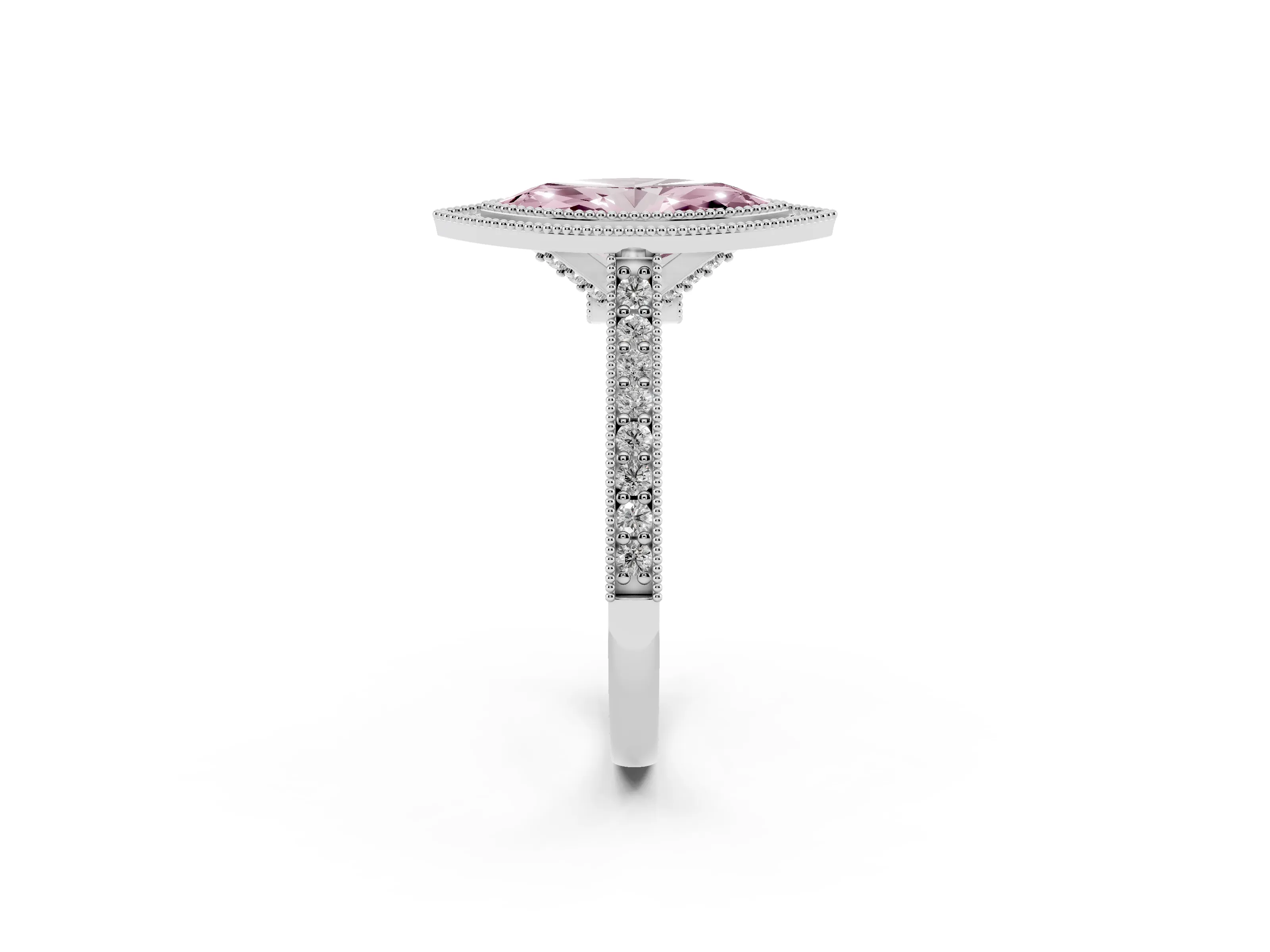 Fancy Pink Marquise Cut Diamond Halo Milgrain Pavé Band Ring Set in Platinum with Prong Setting