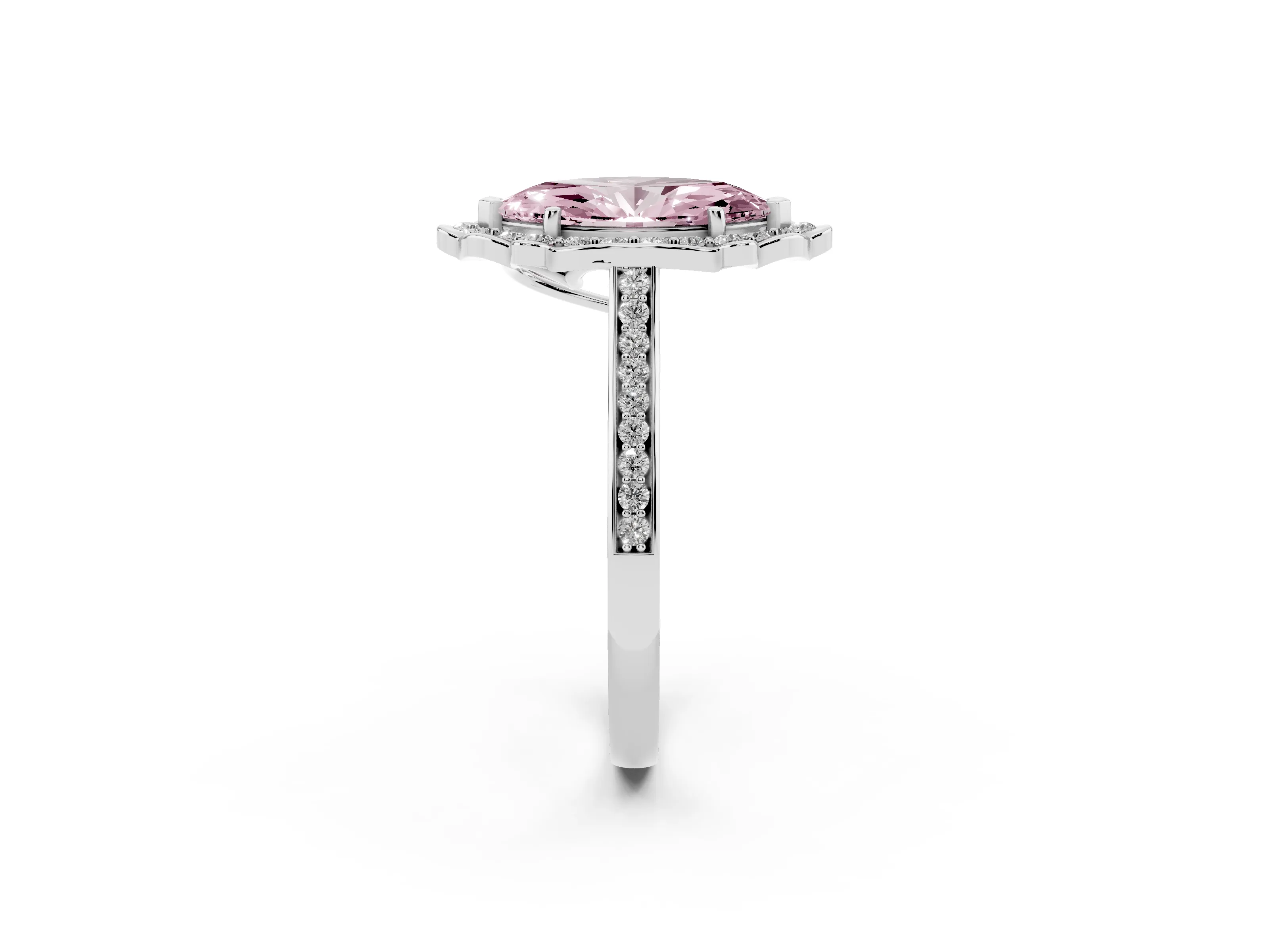 Fancy Pink Marquise Cut Diamond Halo Ring Set in White gold with Pavé-Lined Shoulders and Prong Setting