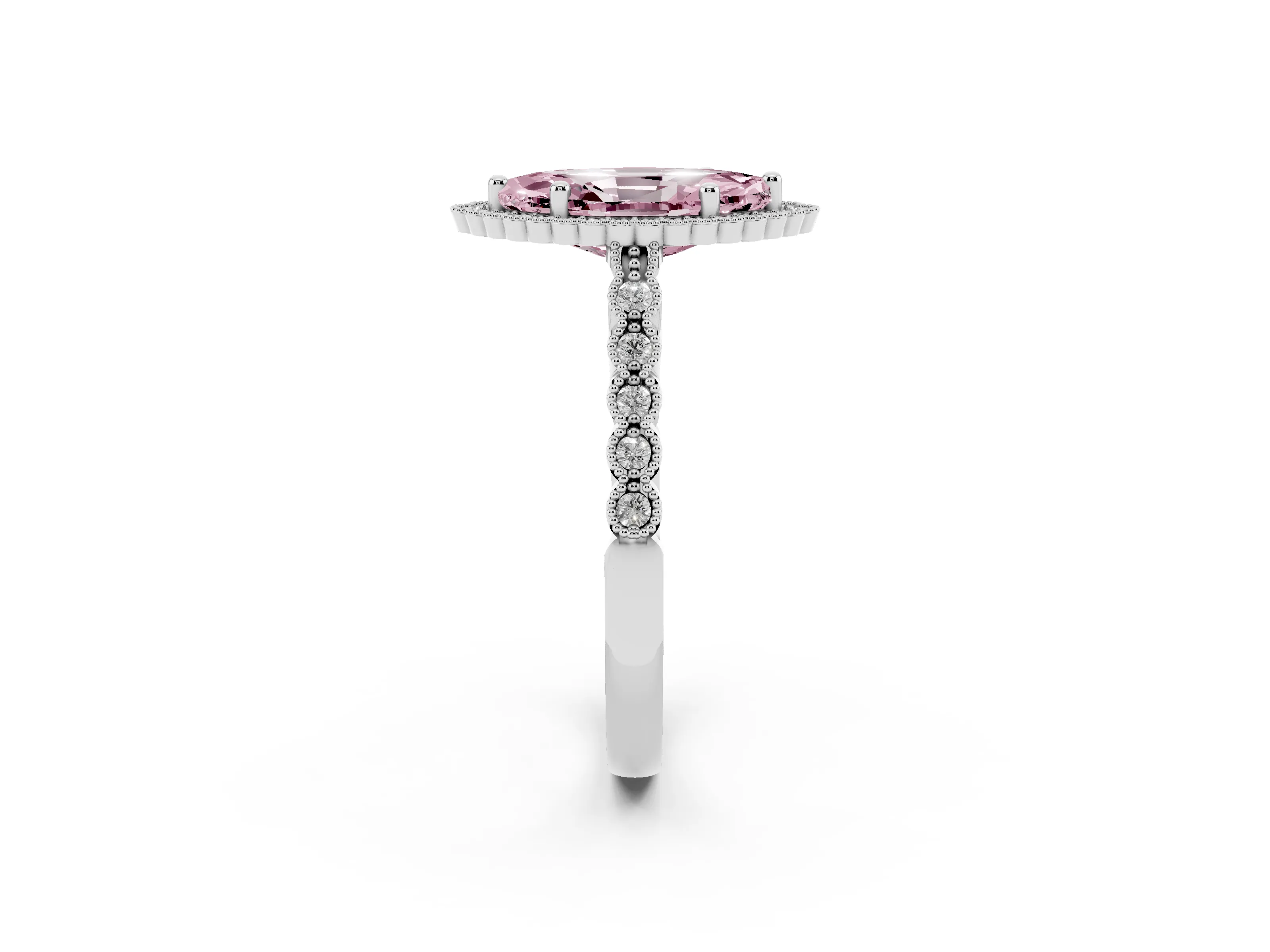 Fancy Pink Marquise Cut Diamond Halo Ring Set in Silver with Pavé Milgrain Band