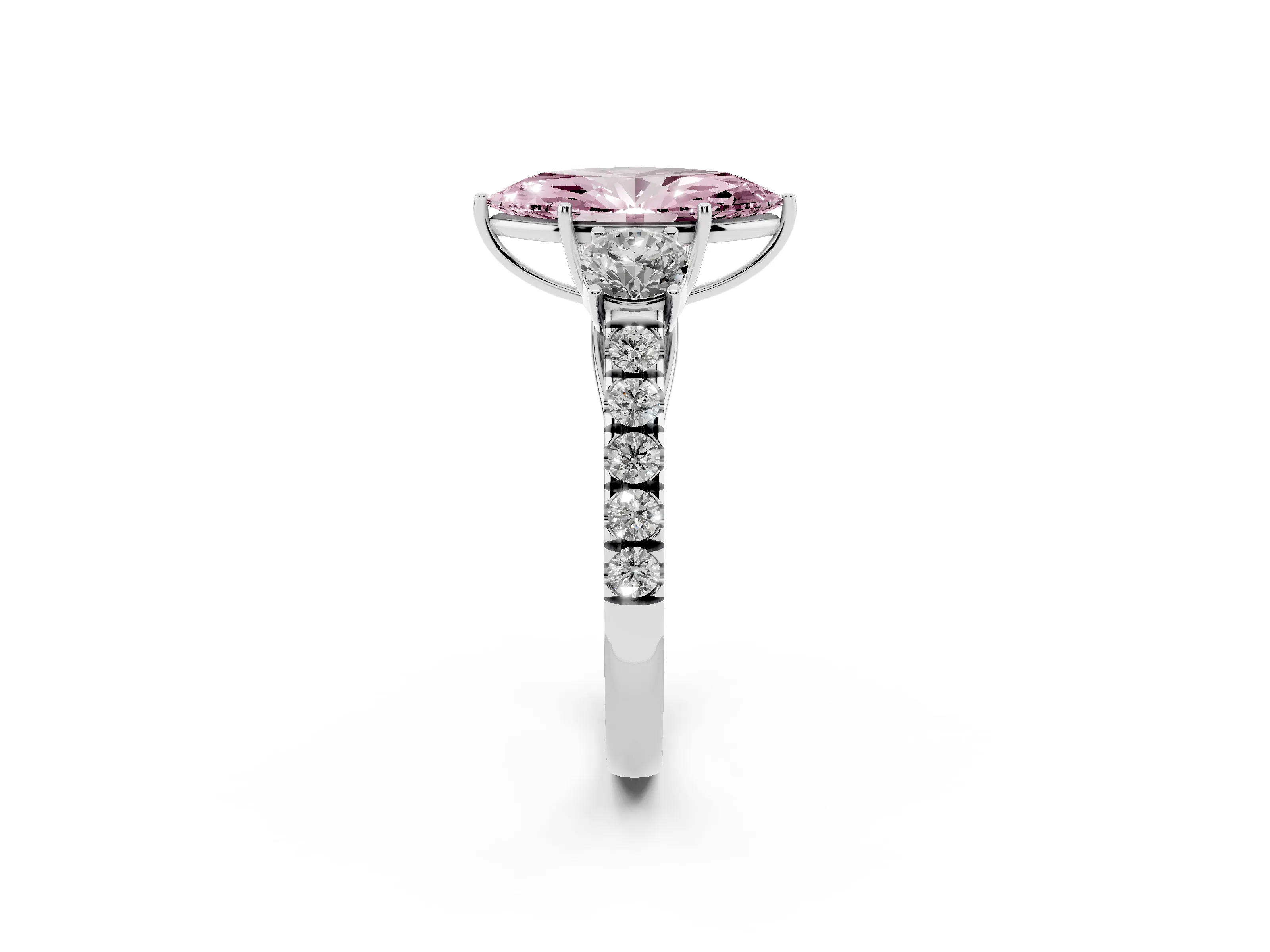 Fancy Pink Marquise Cut Diamond Three-Stone Ring Set in Silver with Round Side Stones and Delicate Pavé Band