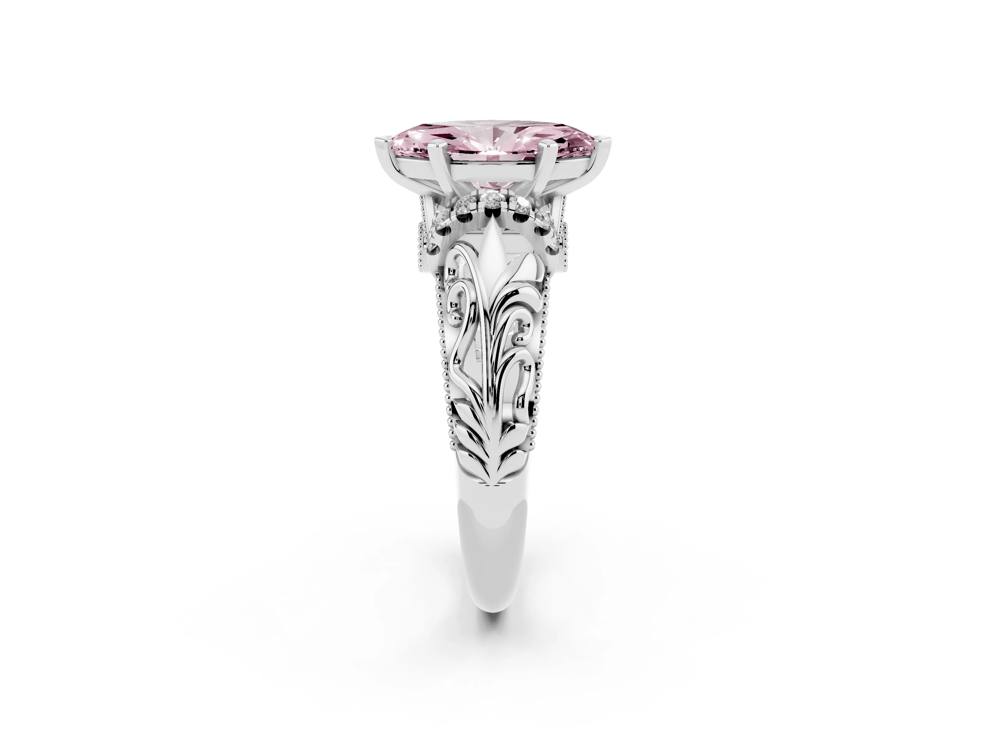 Fancy Pink Marquise Cut Diamond Filigree Halo Engagement Ring Set in White gold with Prong Setting