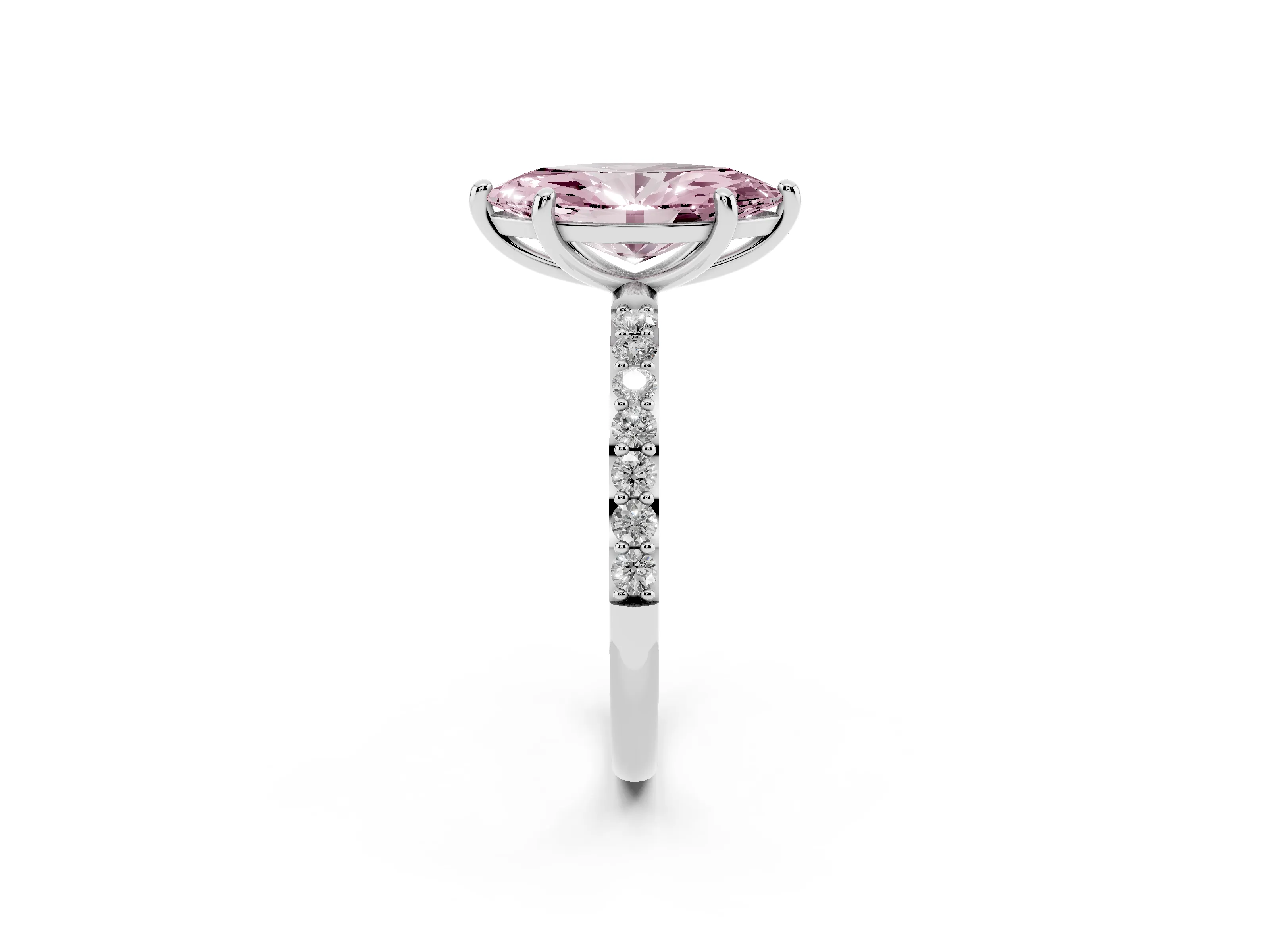 Fancy Pink Marquise Cut Diamond Solitaire Ring Set in Platinum with Round Pavé Band and Prong Setting