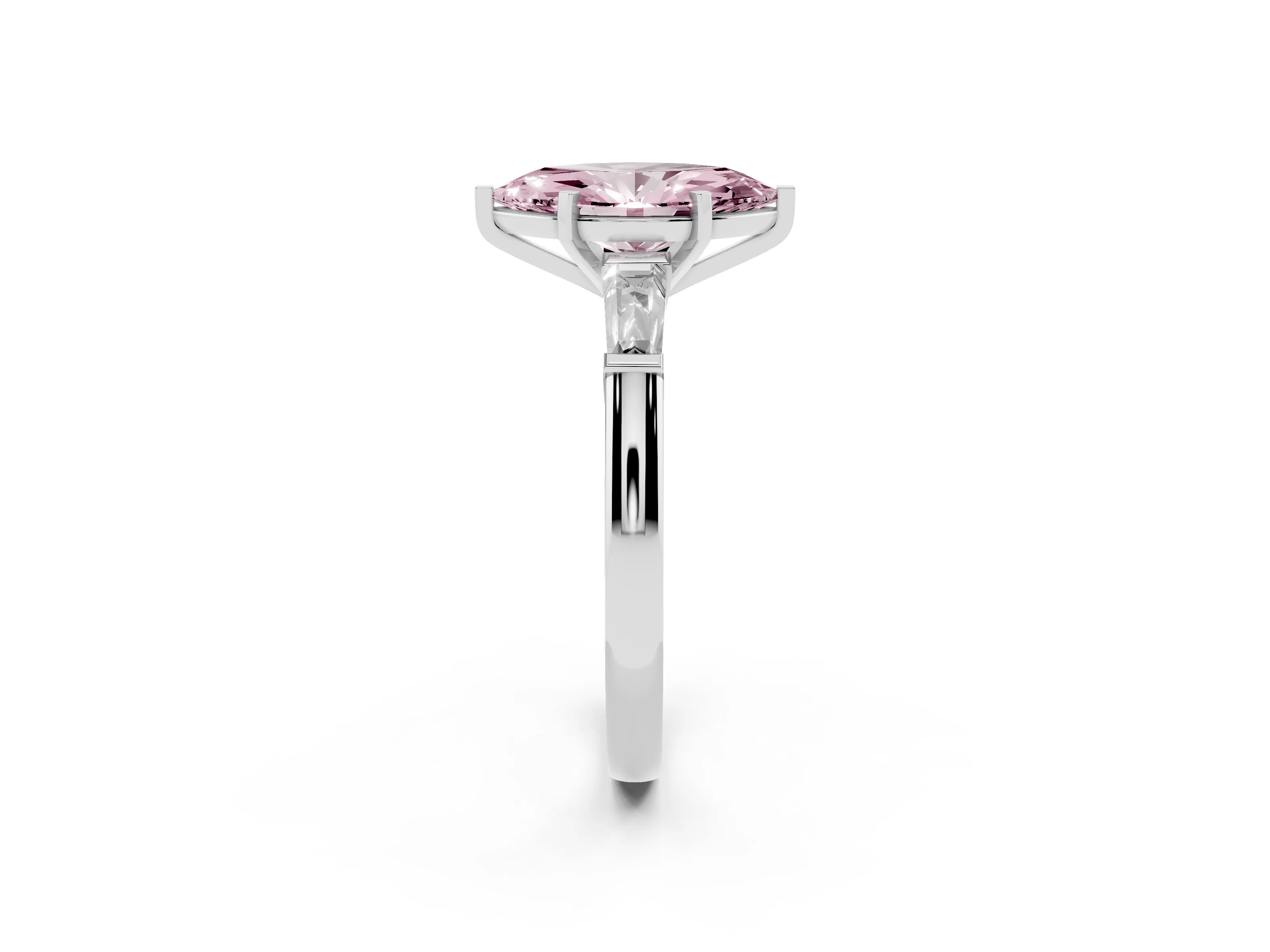 Fancy Pink Marquise Cut Diamond Solitaire Ring Set in White gold with Tapered Baguette Side Stones and Prong Setting