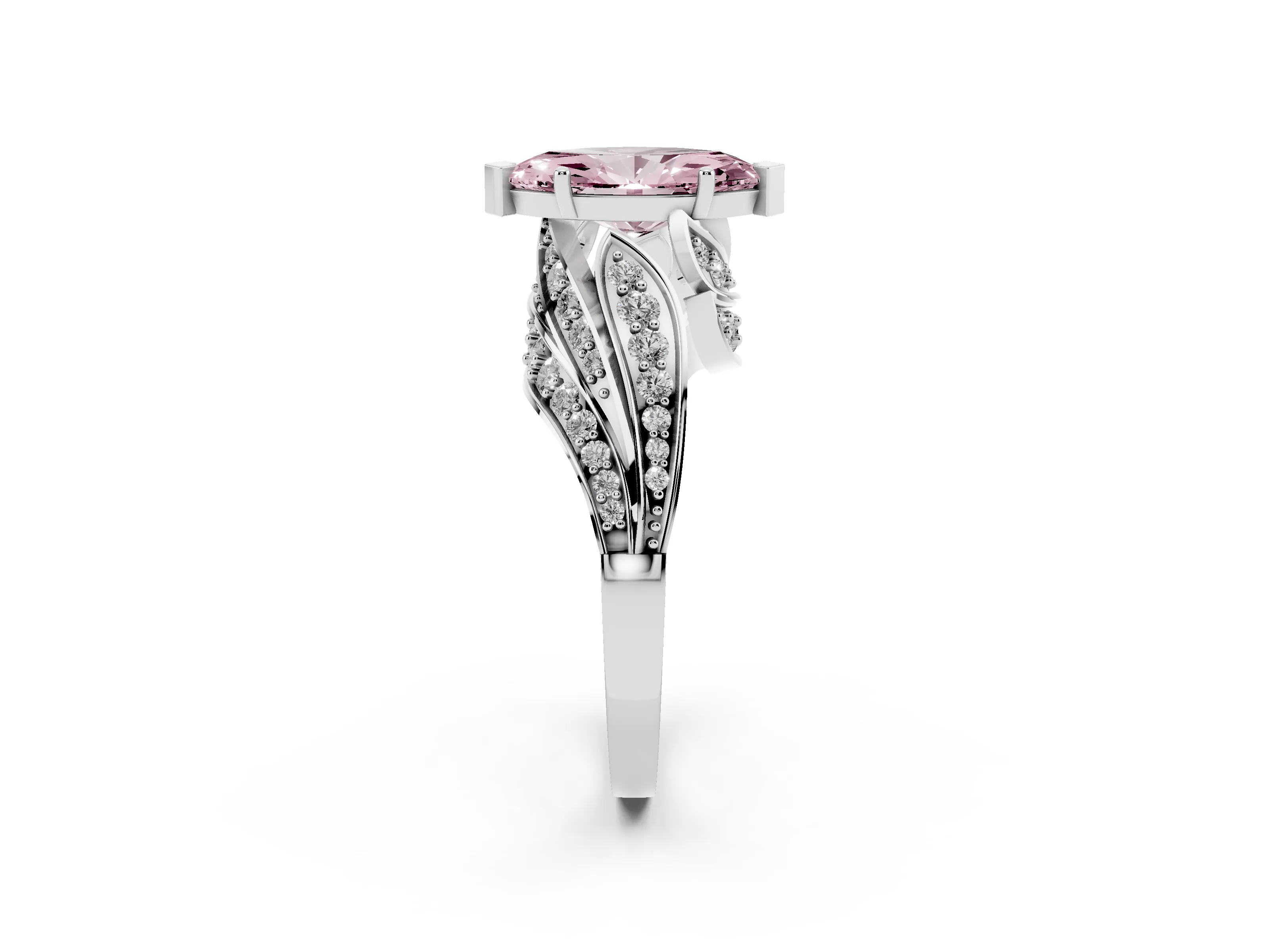 Fancy Pink Marquise Cut Diamond Solitaire Ring Set in Platinum with Layered Twist Pavé Band