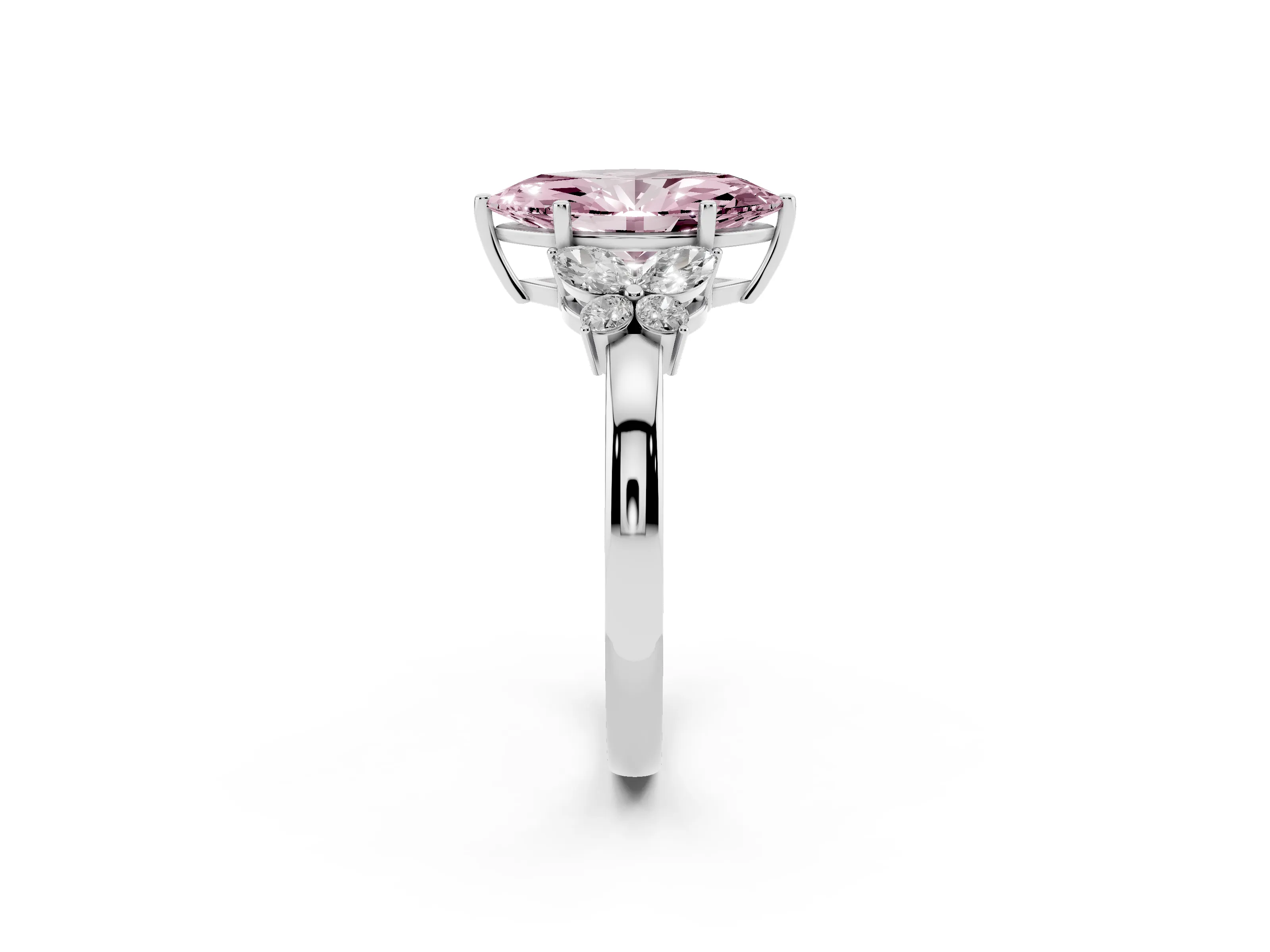 Fancy Pink Marquise Cut Diamond Solitaire Floral Ring Set in Platinum with Marquise Petals and Prong Setting