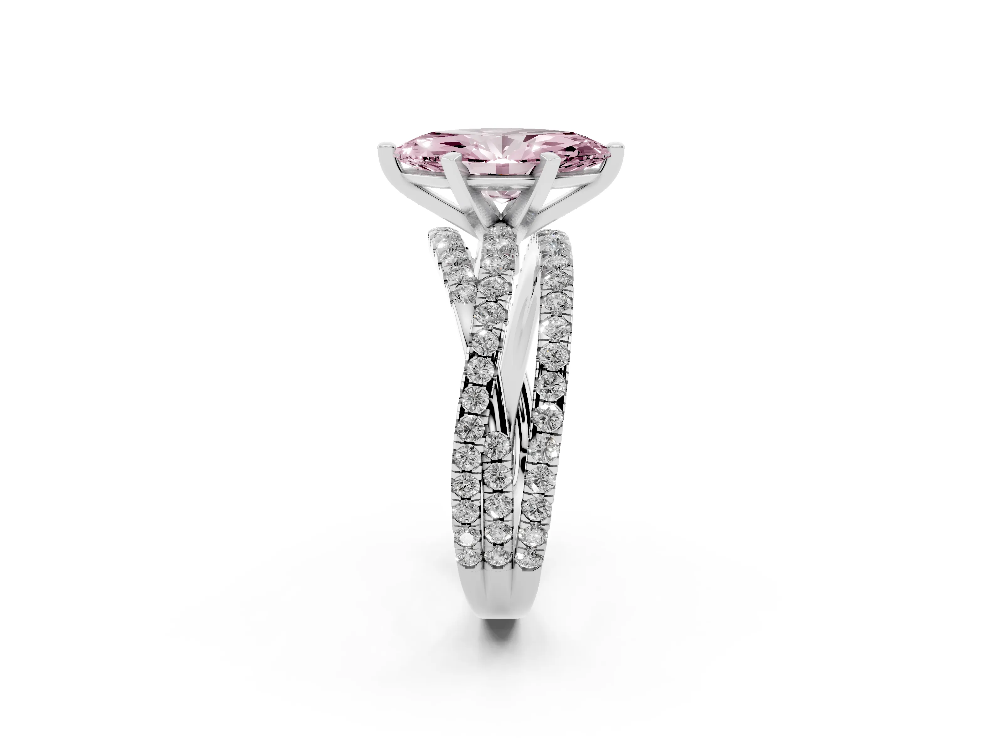 Fancy Pink Marquise Cut Diamond Solitaire Twist Band Ring Set in Silver with Pavé Setting and Prong Head