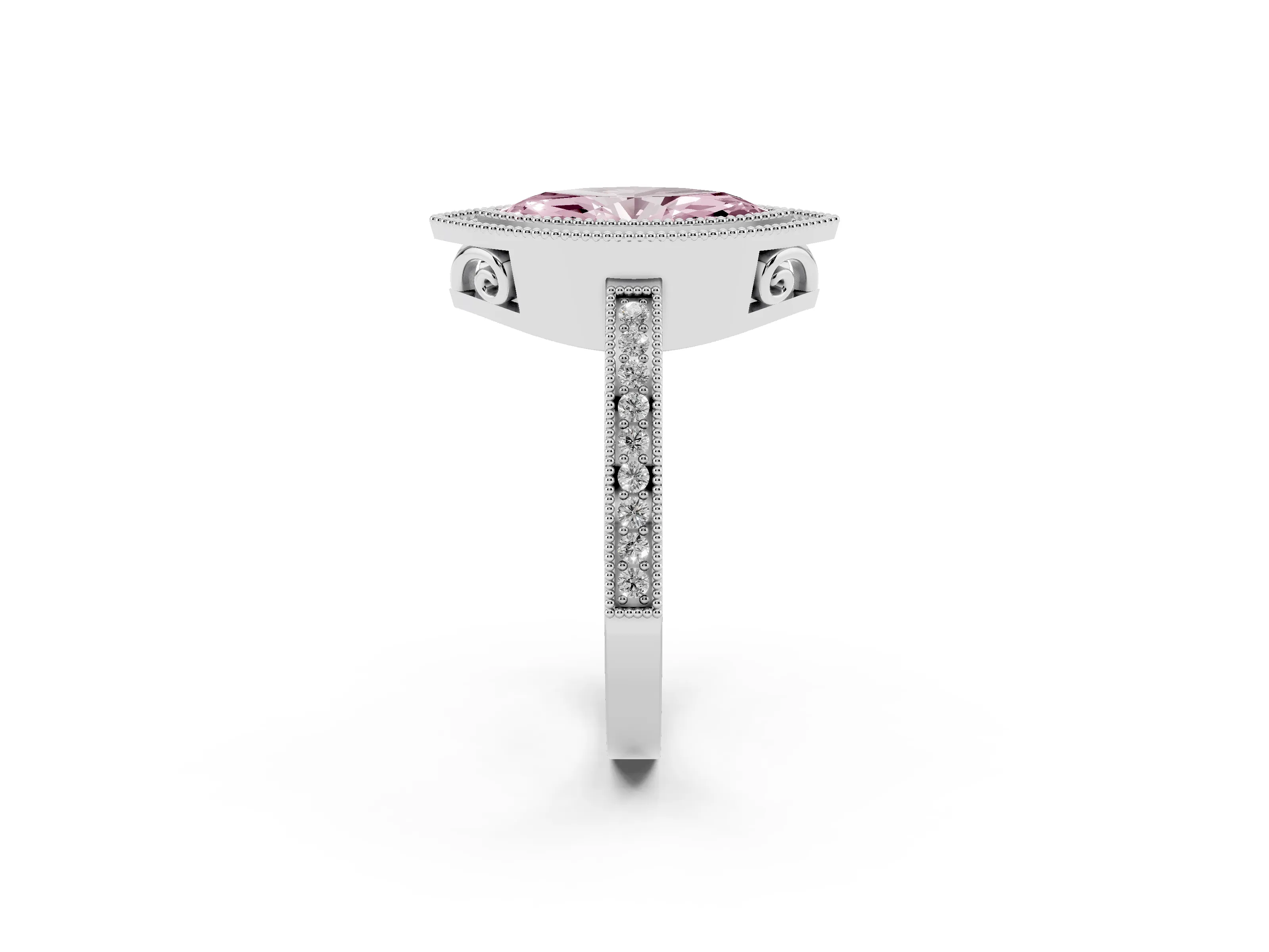 Fancy Pink Marquise Cut Diamond Halo Ring Set in White gold with Pavé Band and Milgrain-Edged Prongs