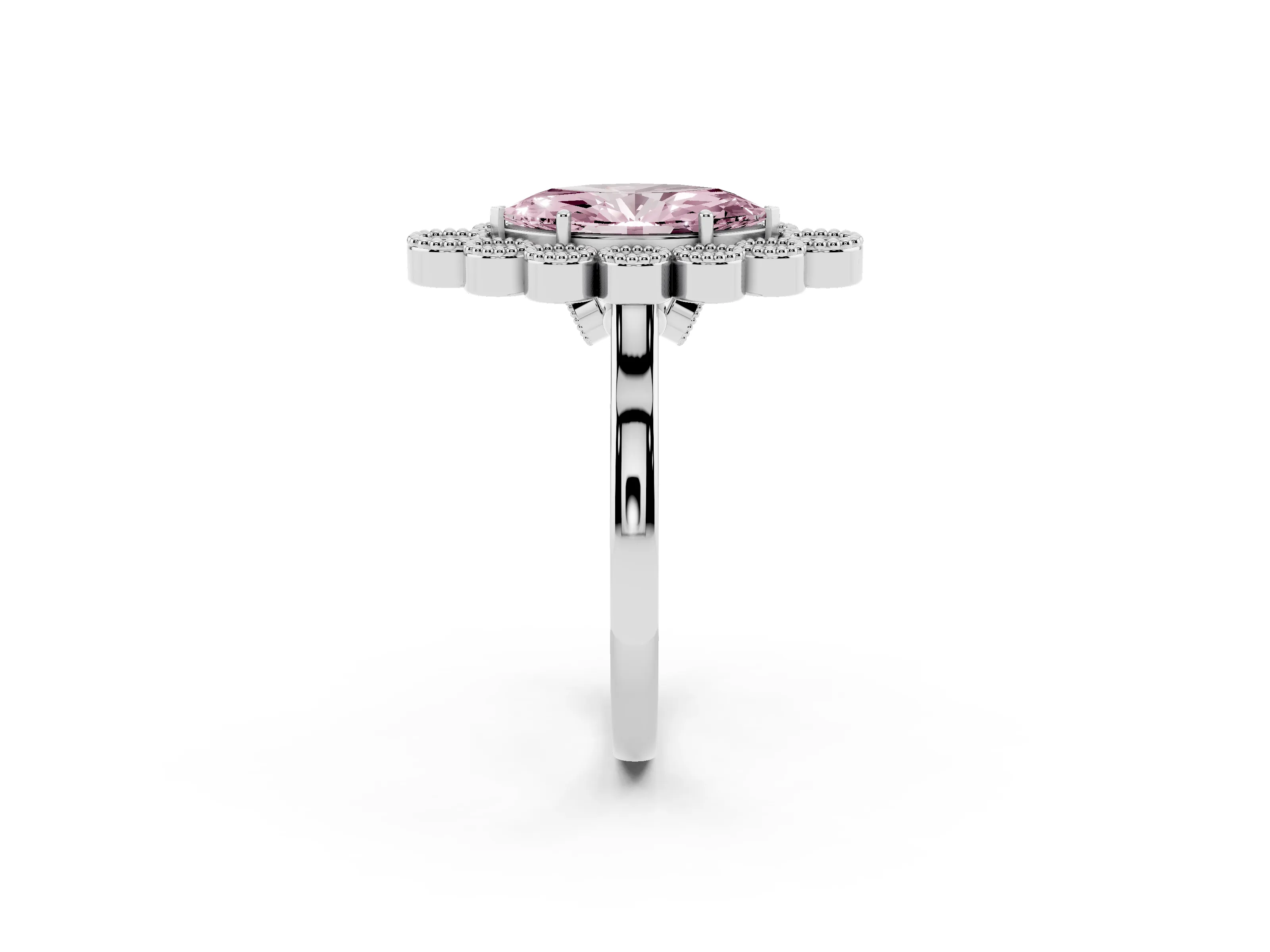 Fancy Pink Marquise Cut Diamond Cluster Halo Ring Set in Platinum with Milgrain Bezel Accents and Plain Band
