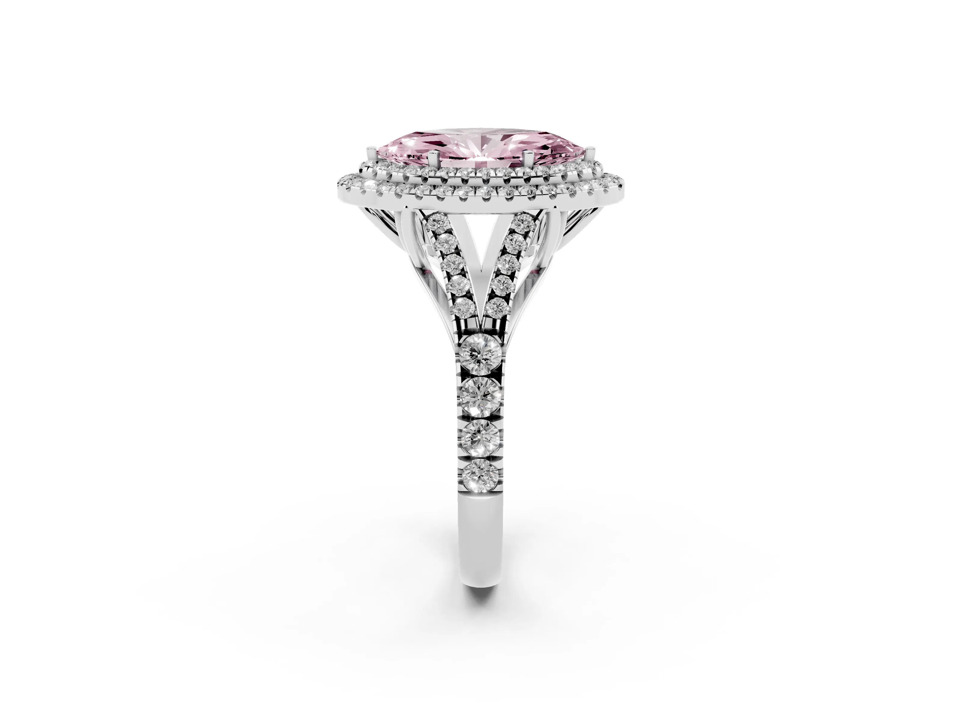 Fancy Pink Marquise Cut Diamond Pavé Split Shank Double Halo Engagement Ring Set in Silver