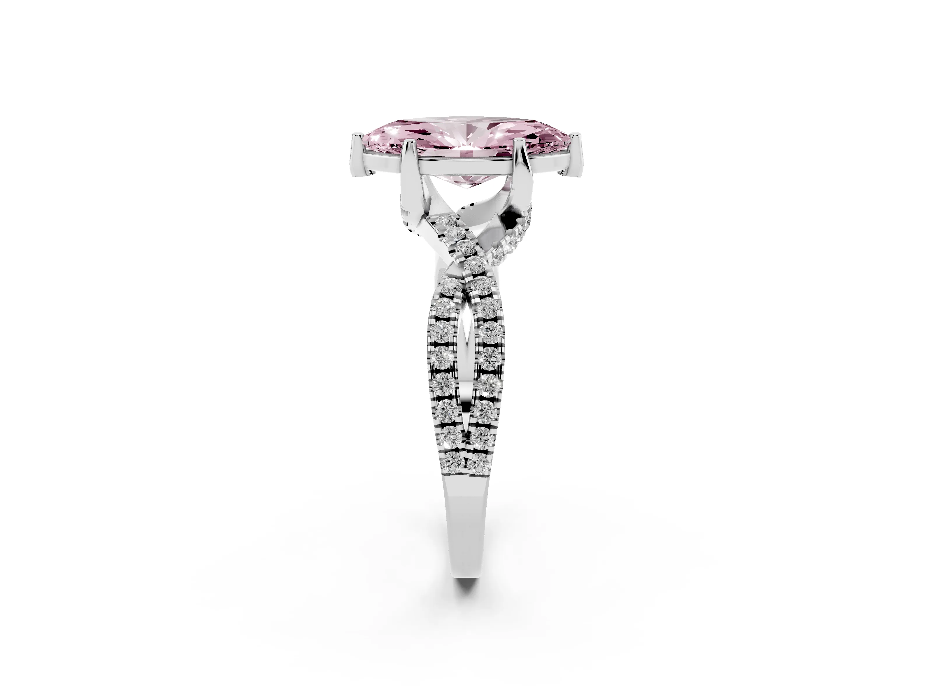 Fancy Pink Marquise Cut Diamond Twist Pavé Solitaire Engagement Ring Set in White gold with Prong Setting