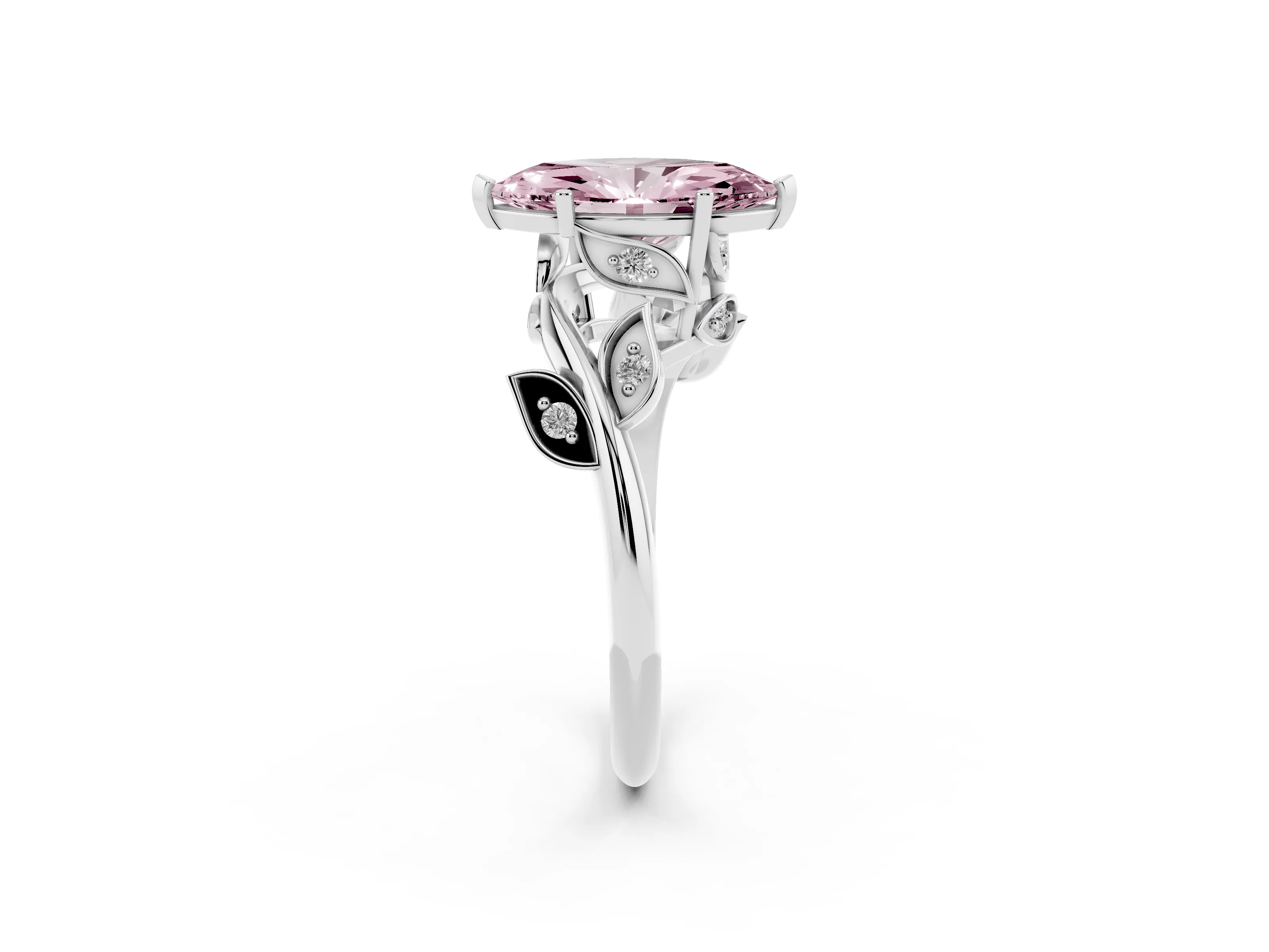 Fancy Pink Marquise Cut Diamond Solitaire Twist Engagement Ring Set in White gold with Pavé Leaf Accents