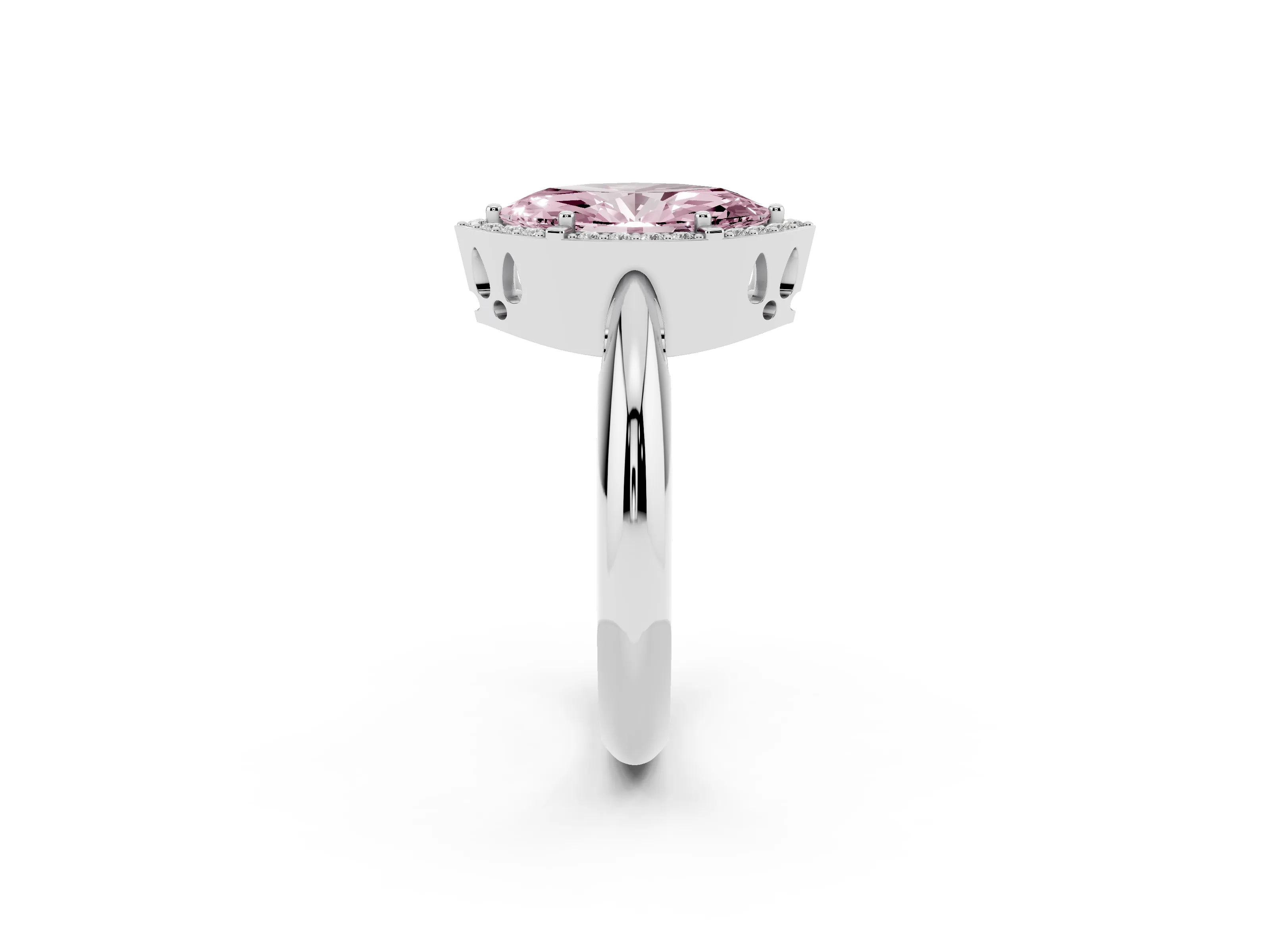 Fancy Pink Marquise Cut Diamond Halo Engagement Ring Set in White gold with Plain Split Shank and Prong Setting