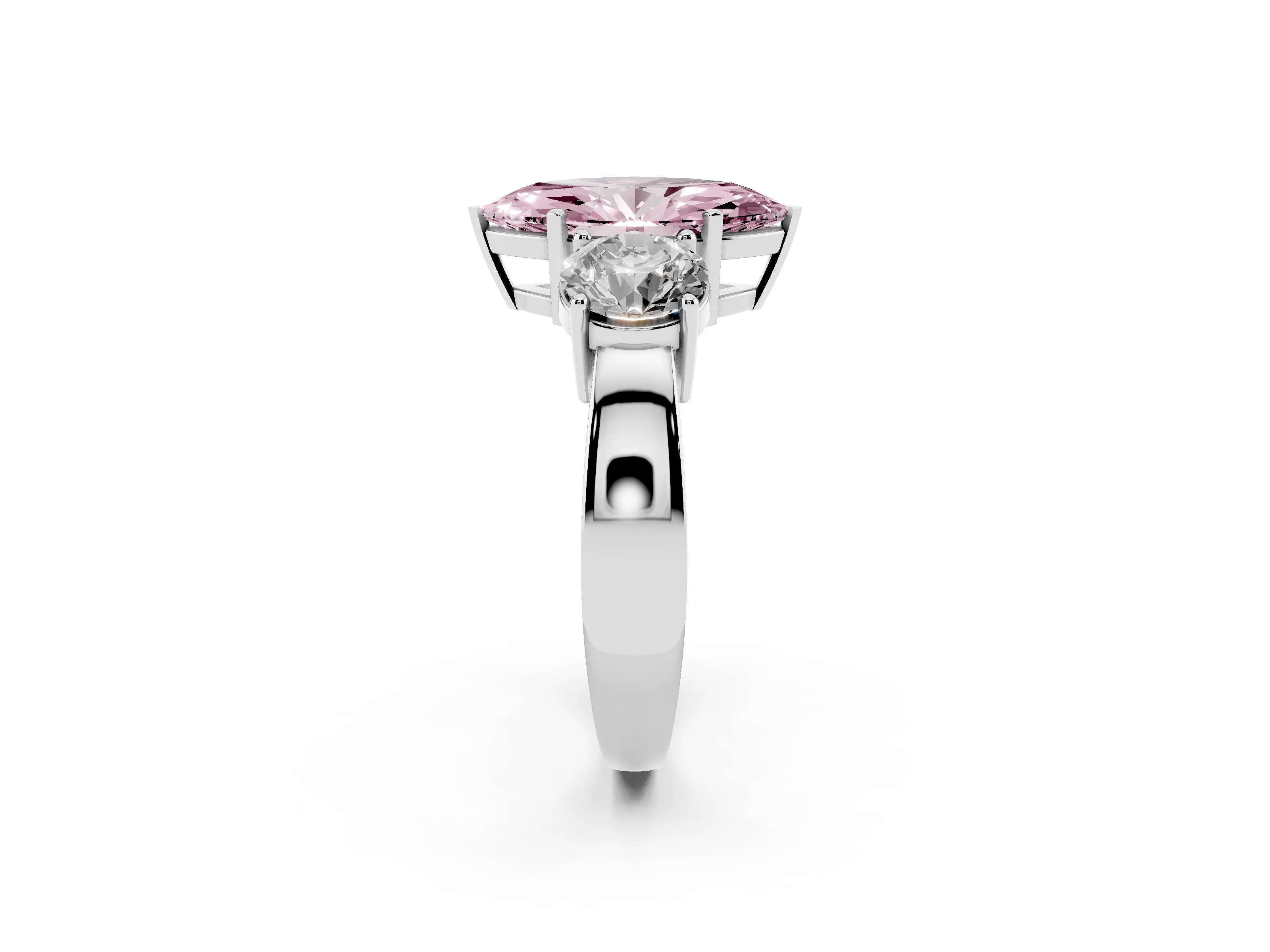 Fancy Pink Marquise Cut Diamond Three-Stone Ring Set in White gold with Round Side Stones and Classic Band