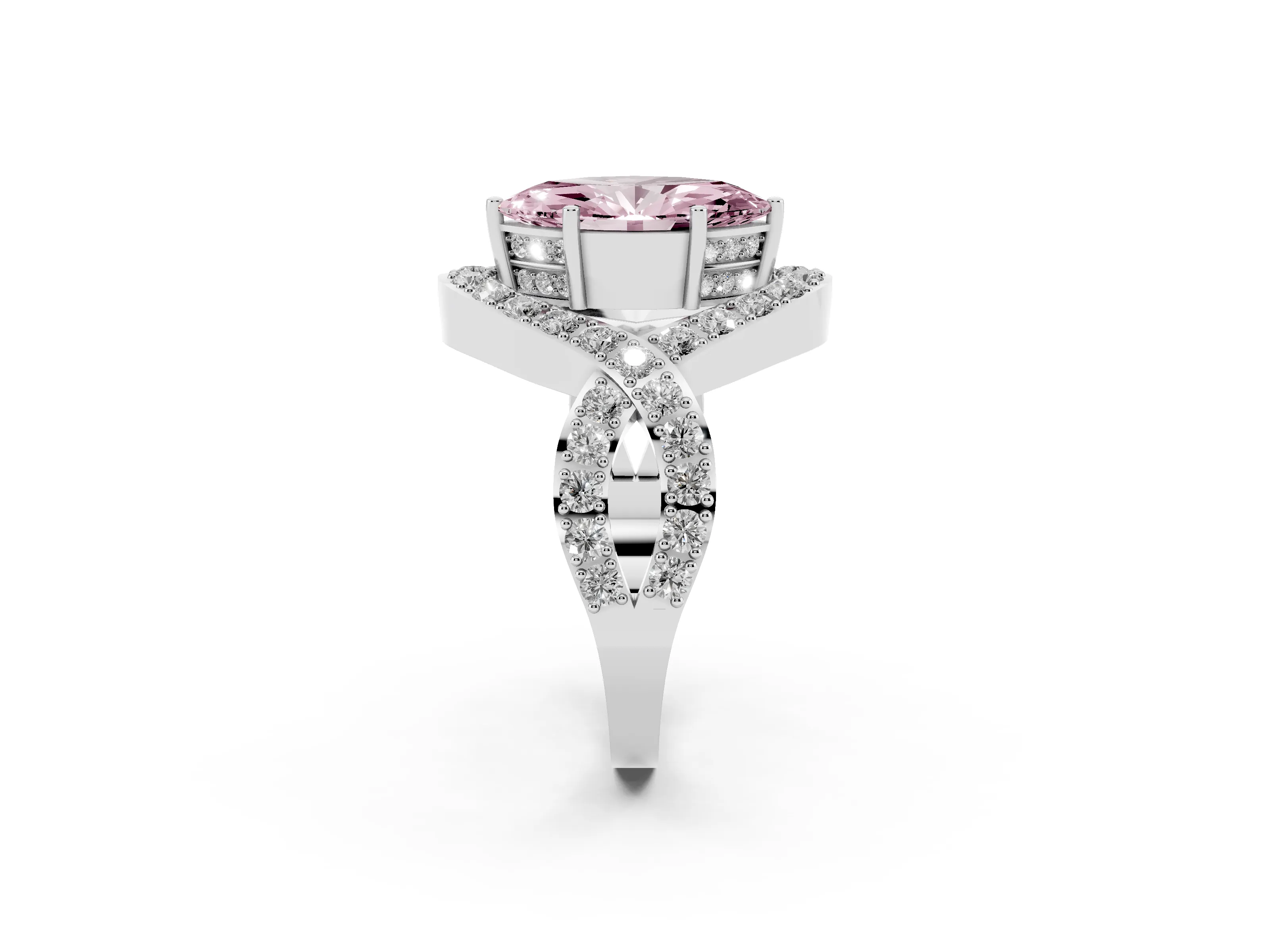 Fancy Pink Marquise Cut Diamond Solitaire Twist Band Pavé Engagement Ring Set in Platinum