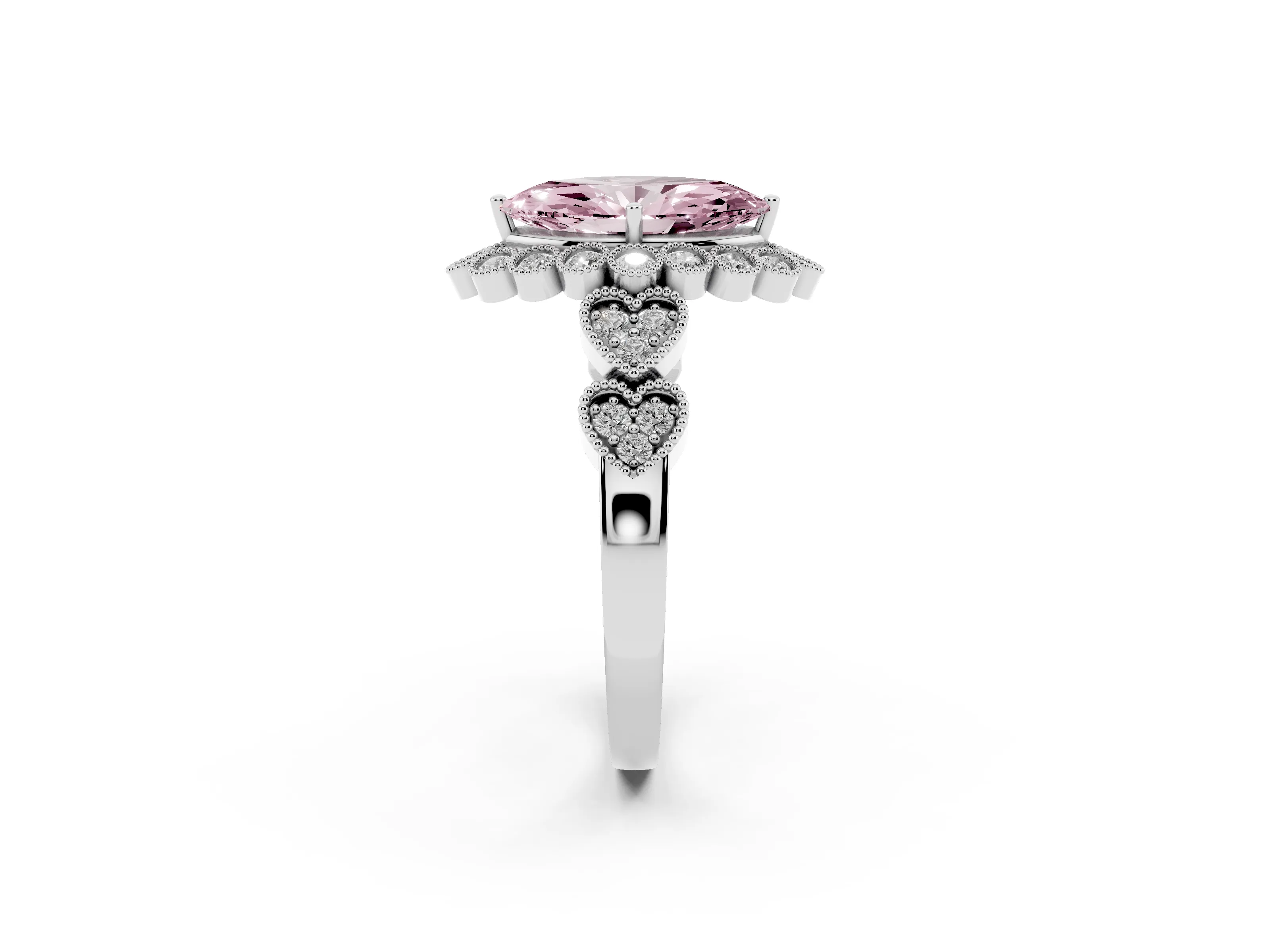 Fancy Pink Marquise Cut Diamond Solitaire Ring Set in Platinum with Milgrain Pavé Heart Band