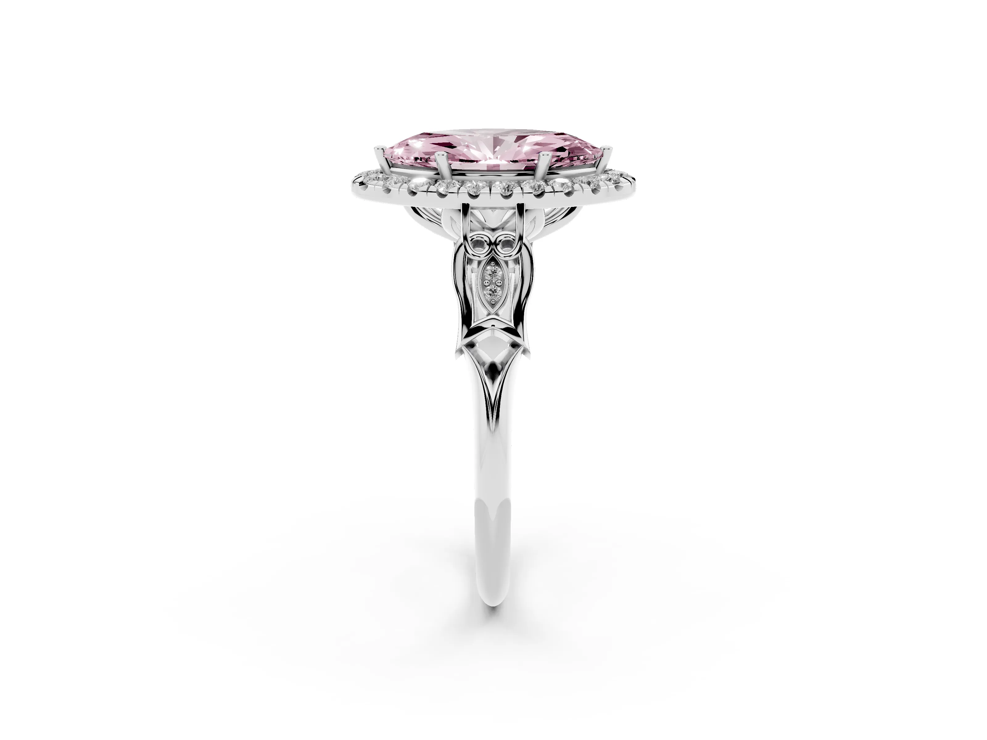Fancy Pink Marquise Cut Diamond Halo Engagement Ring Set in White gold with Filigree Band and Prong-Set Center