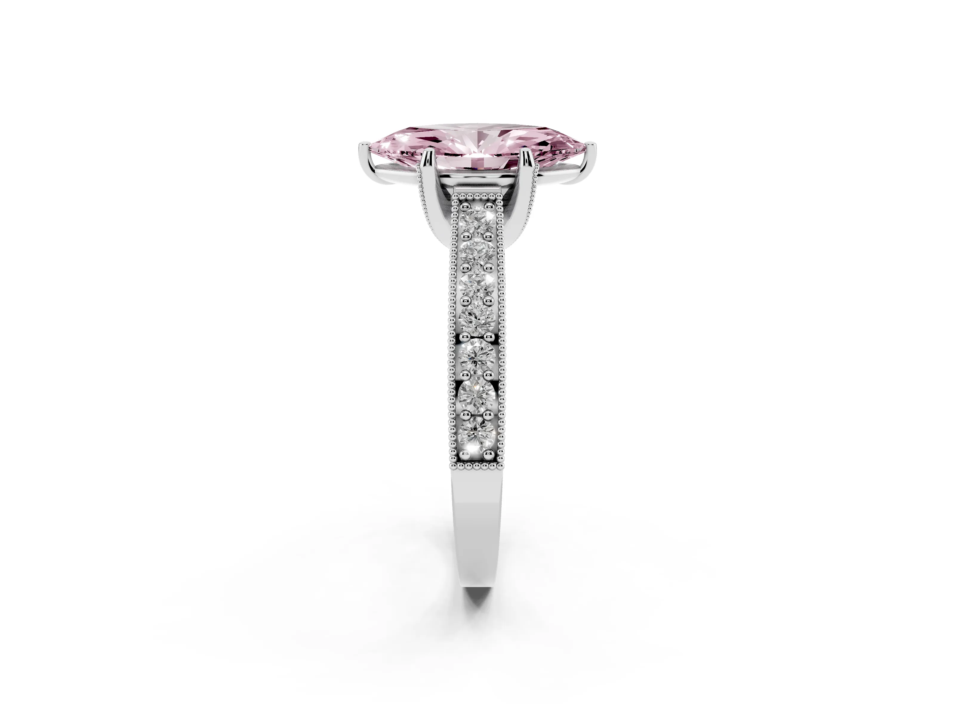 Fancy Pink Marquise Cut Diamond Solitaire Ring Set in White gold with Milgrain-Edged Pavé Band and Prong Setting