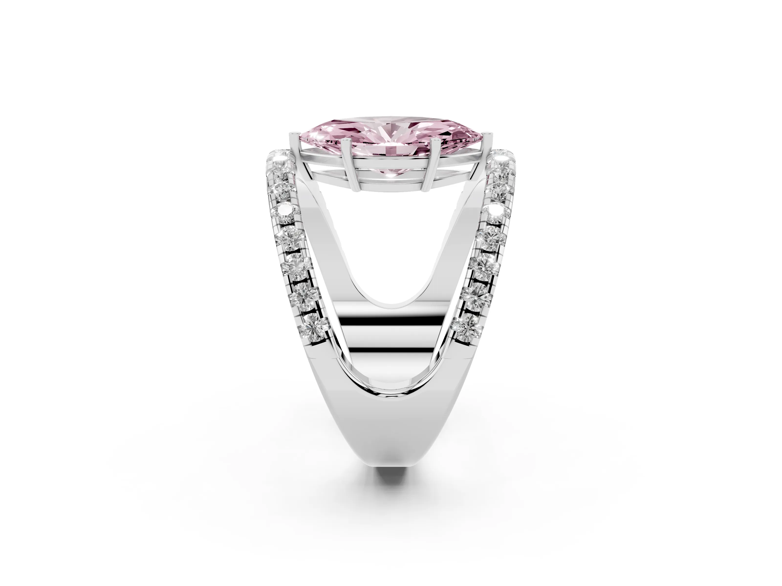 Fancy Pink Marquise Cut Diamond Split Shank Pavé Solitaire Ring Set in Silver with Open Shank Design