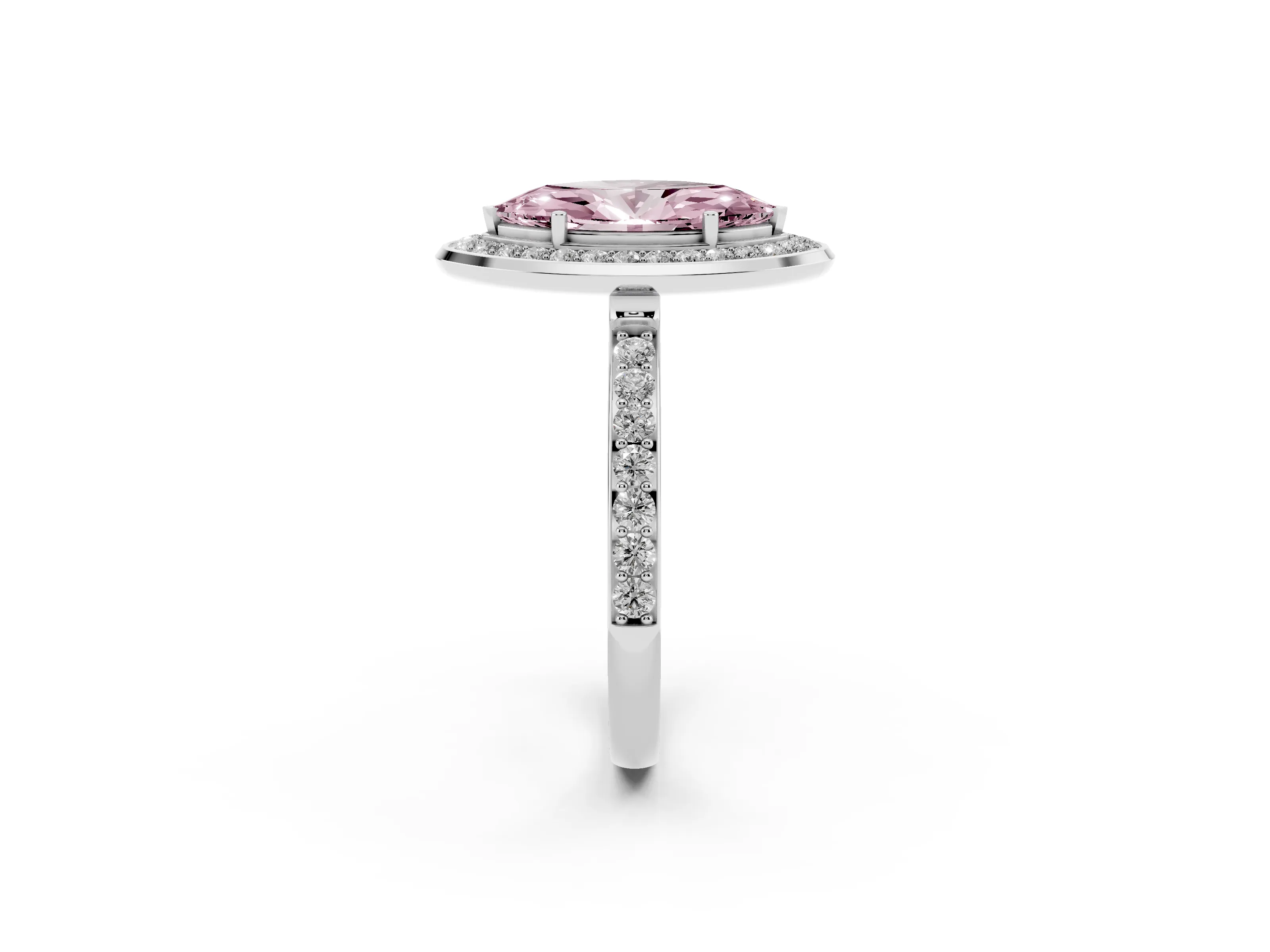 Fancy Pink Marquise Cut Diamond Halo Ring Set in Silver with Bezel Frame and Pavé Band