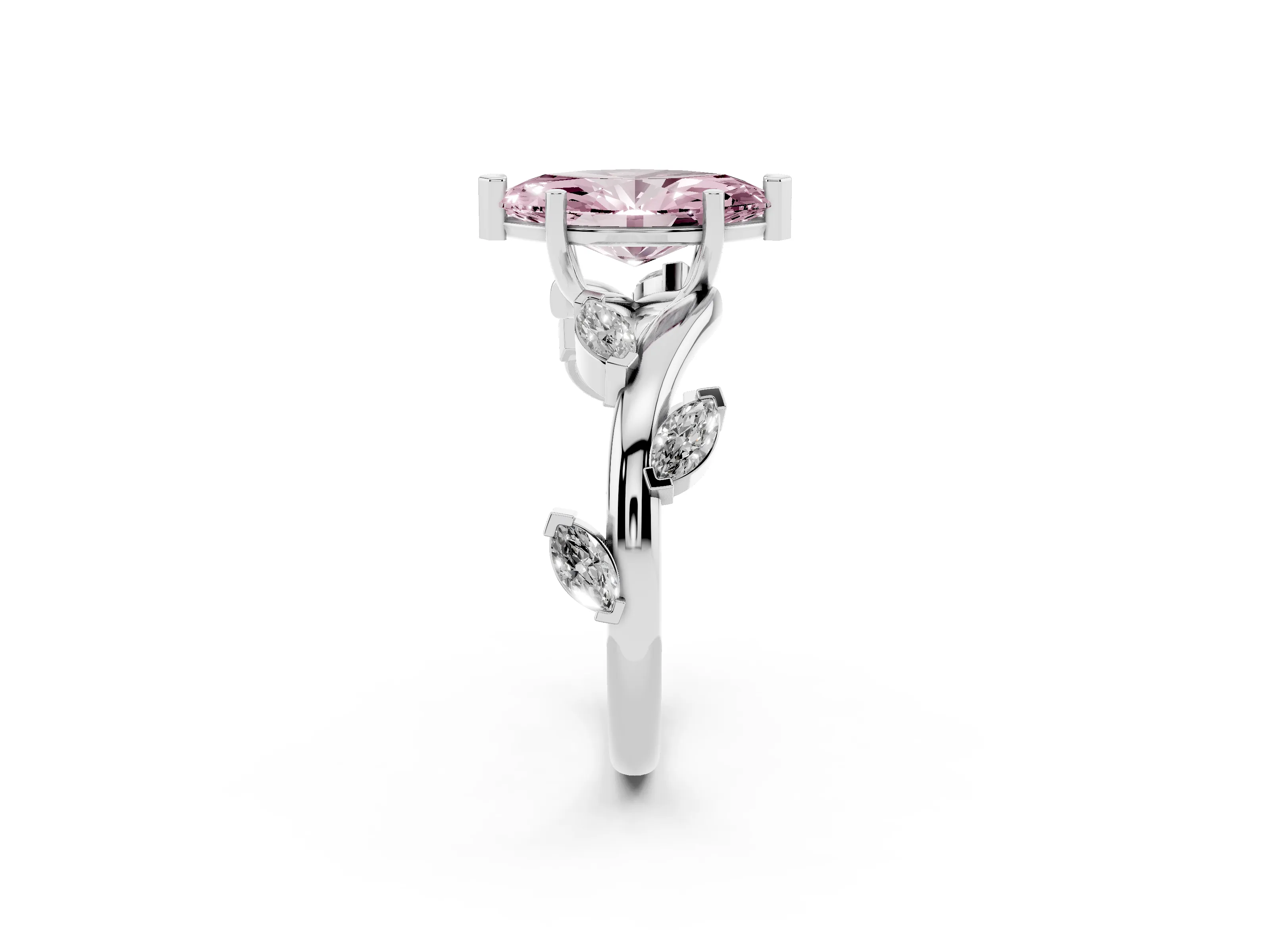 Fancy Pink Marquise Cut Diamond Solitaire Ring Set in White gold with Twisted Marquise Accent Band
