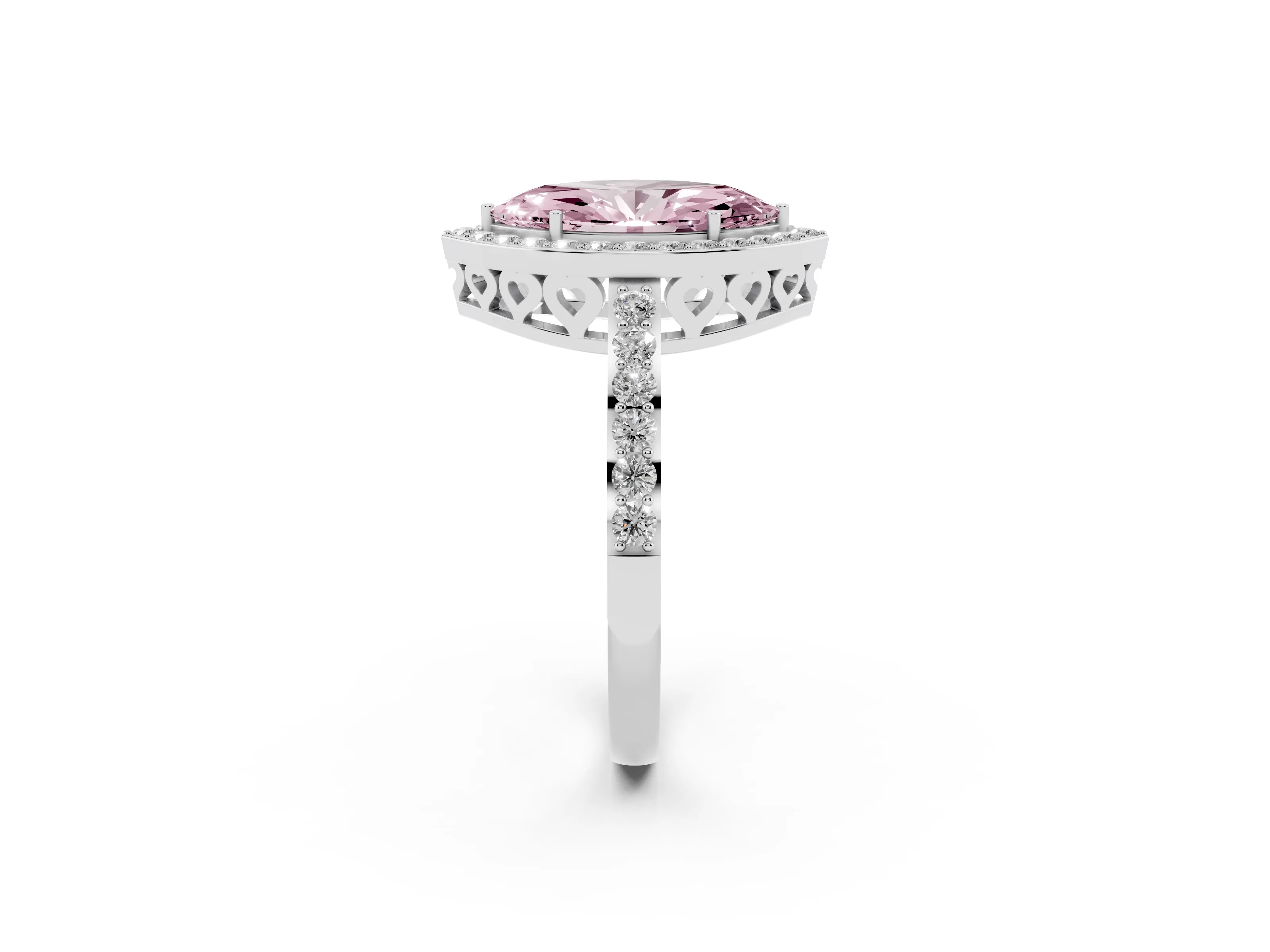 Fancy Pink Marquise Cut Diamond Halo Ring Set in White gold with Pavé-Setting Band and Open Prong Center