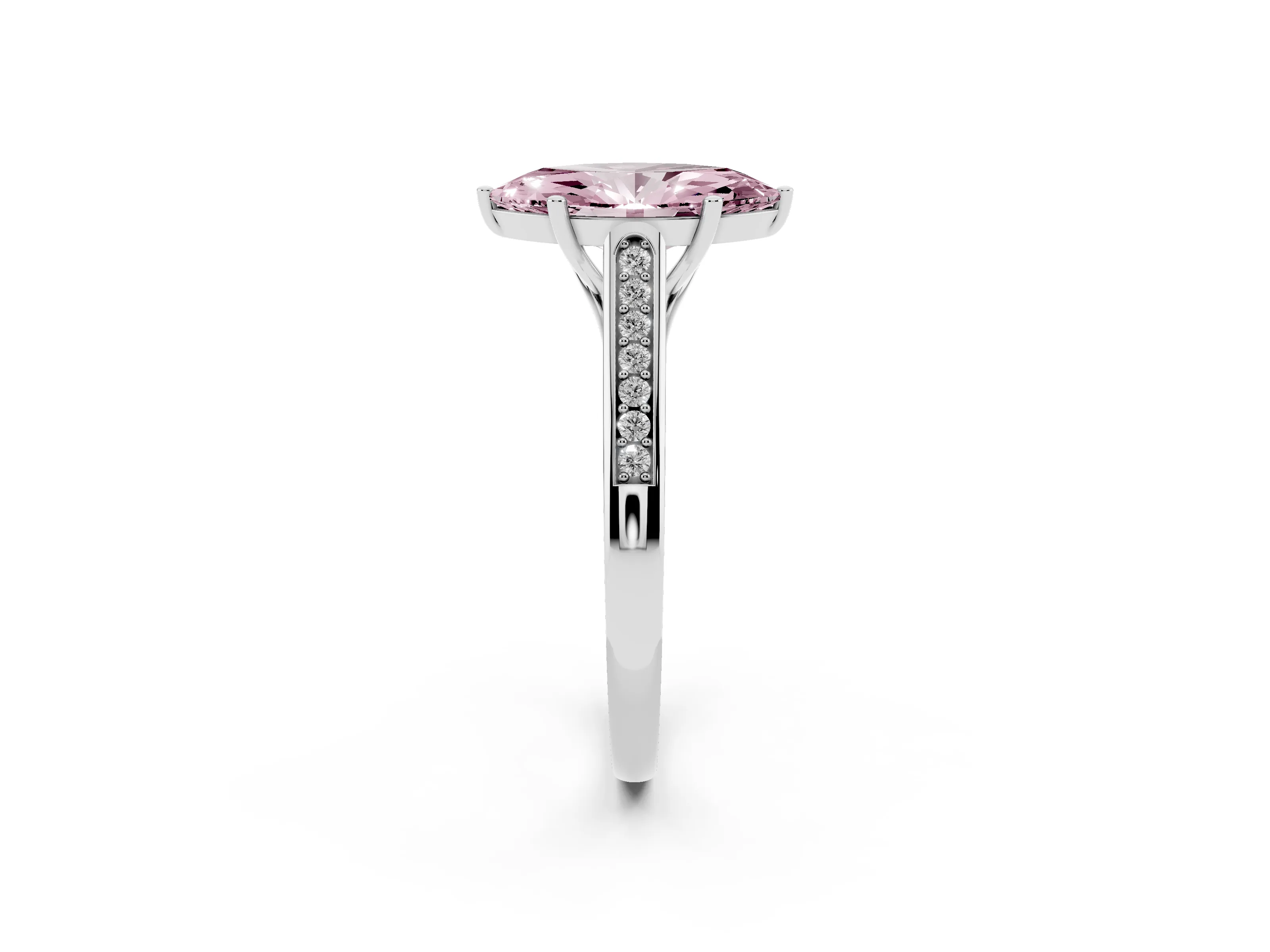 Fancy Pink Marquise Cut Diamond Solitaire Cathedral Engagement Ring Set in White gold with Channel-Set Band and Prong Setting