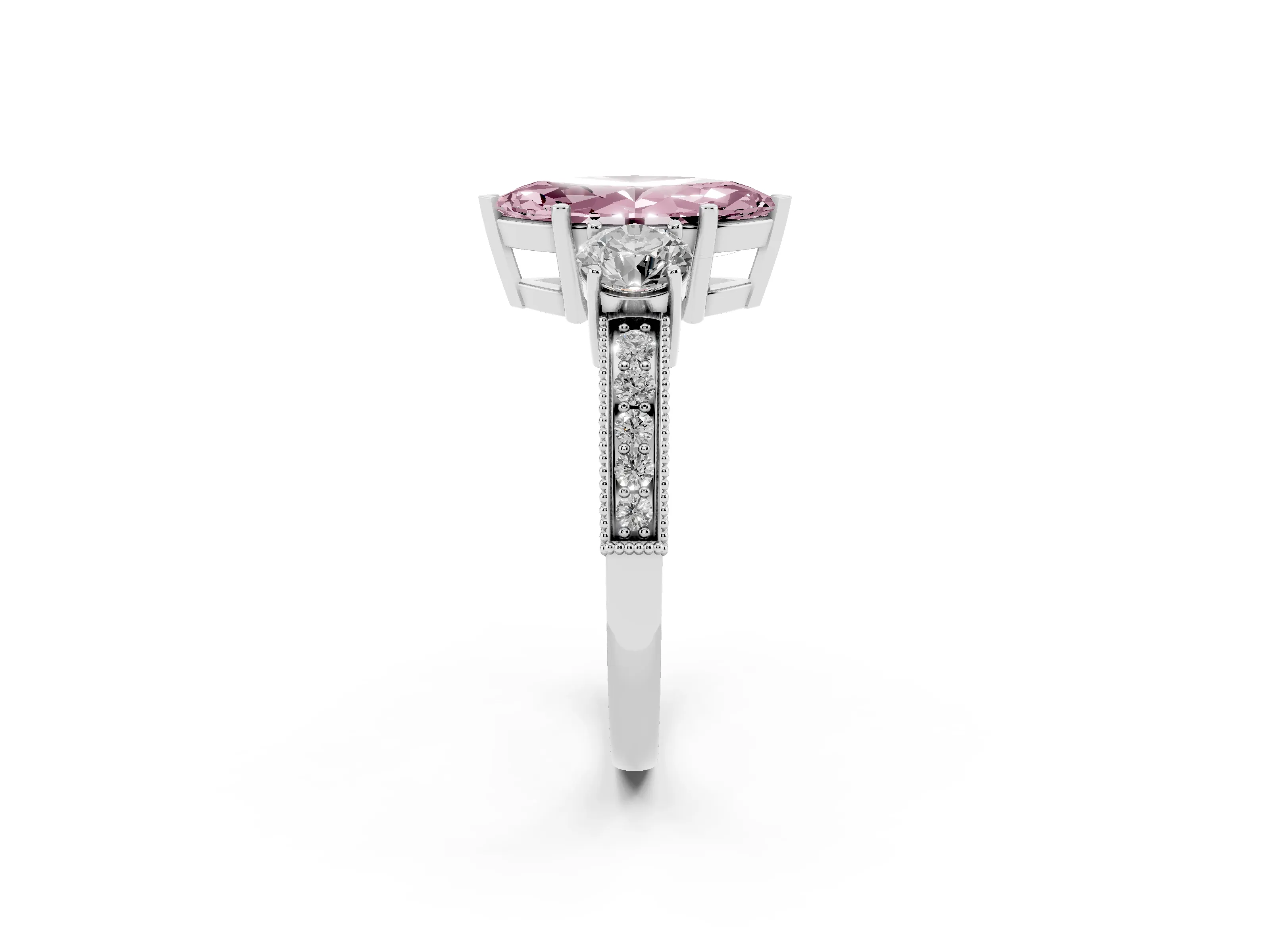 Fancy Pink Marquise Cut Diamond Three-Stone Ring Set in Silver with Round Side Stones and Pavé Band