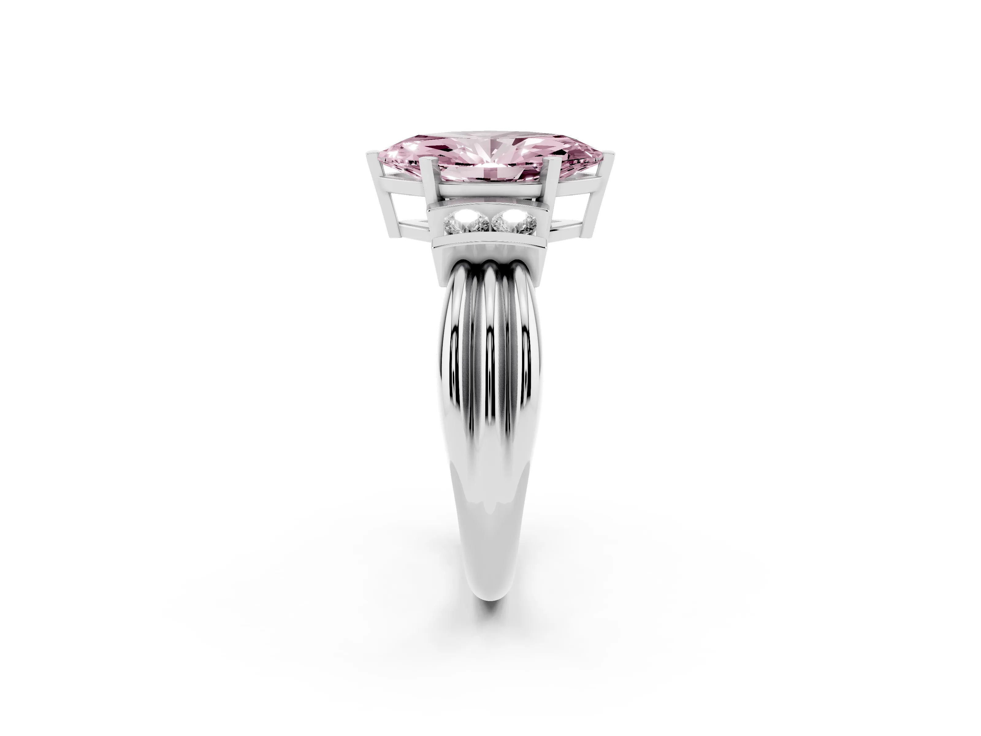 Fancy Pink Three-Stone Marquise Cut Diamond Channel Set Ring Set in White gold with Bar Prongs