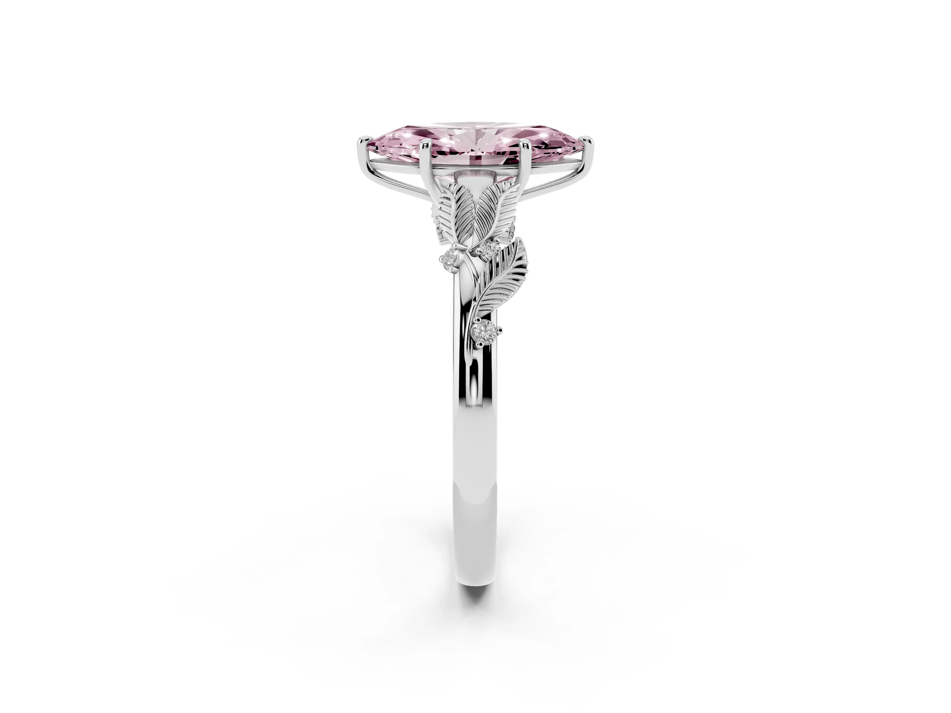Fancy Pink Marquise Cut Diamond Solitaire Ring Set in Silver with Leaf Motif Band