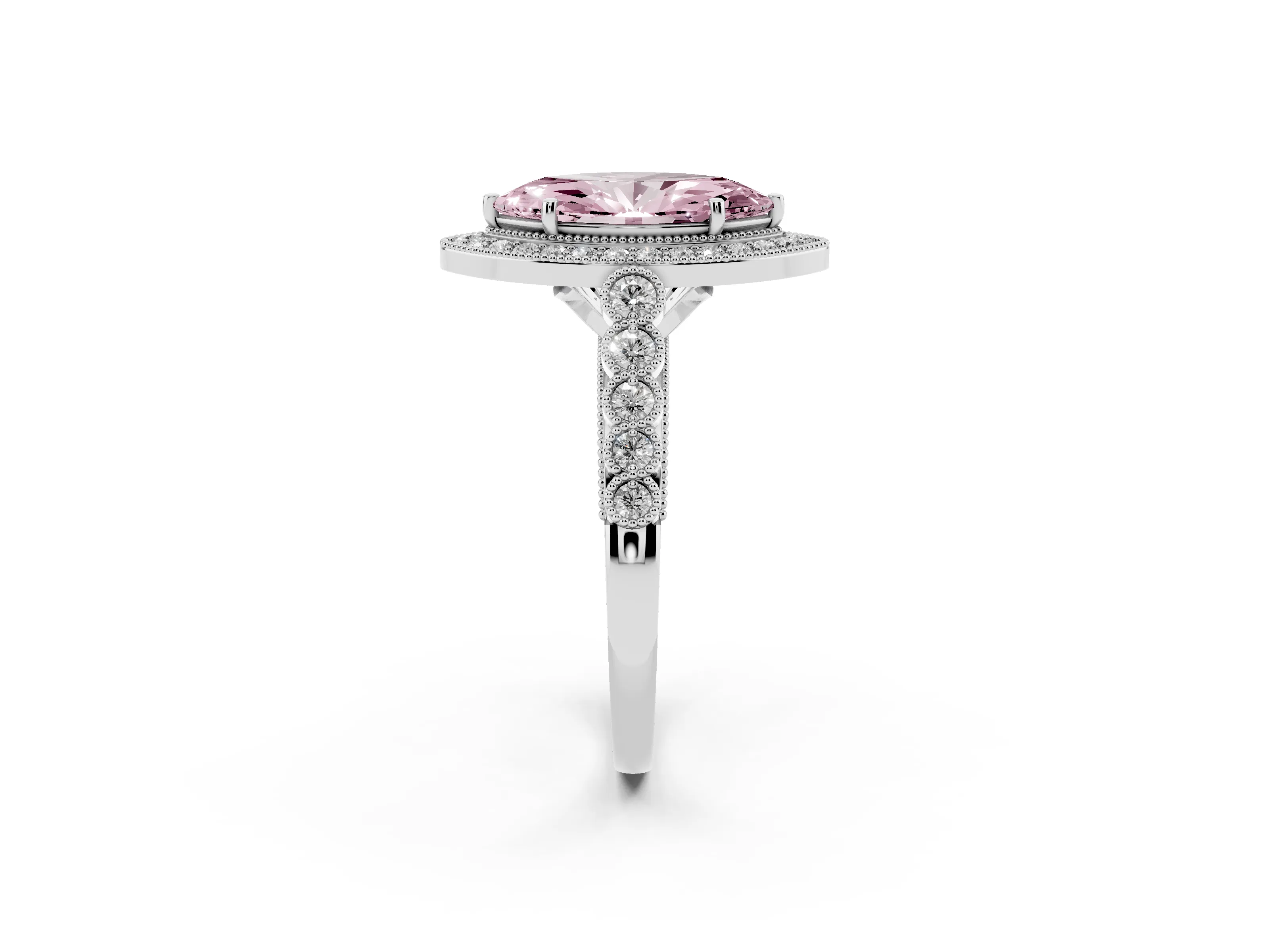 Fancy Pink Marquise Cut Diamond Milgrain Halo Solitaire Ring Set in White gold with Bezel Set Side Stones and Pavé Band