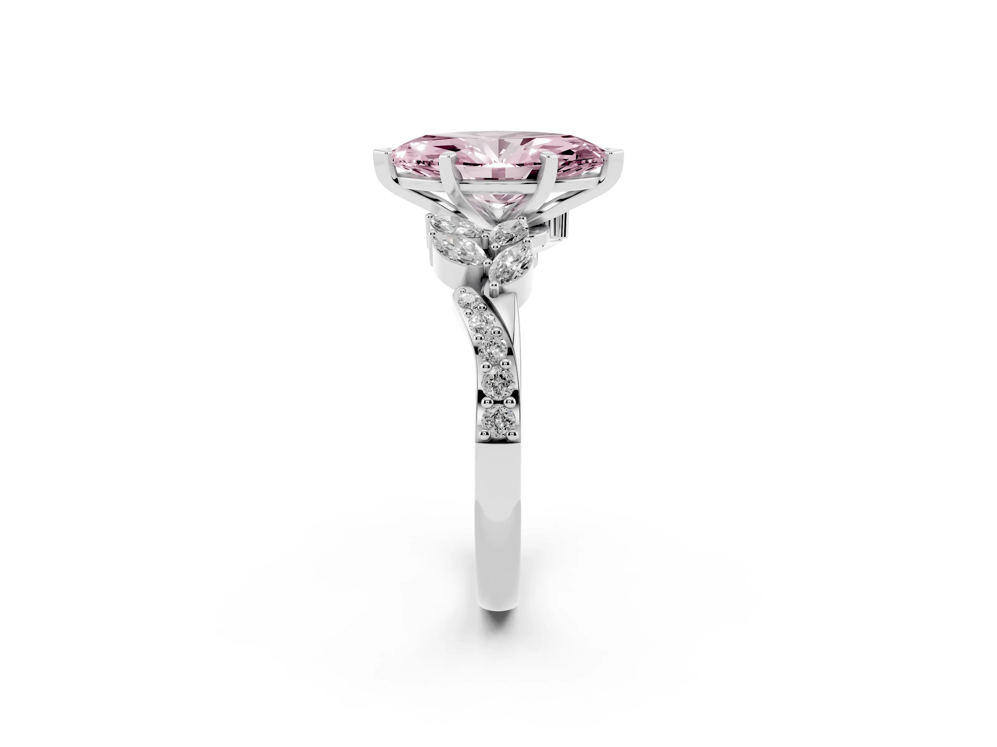 Fancy Pink Marquise Cut Diamond Solitaire Ring Set in White gold with Marquise Twist Band and Prong Setting