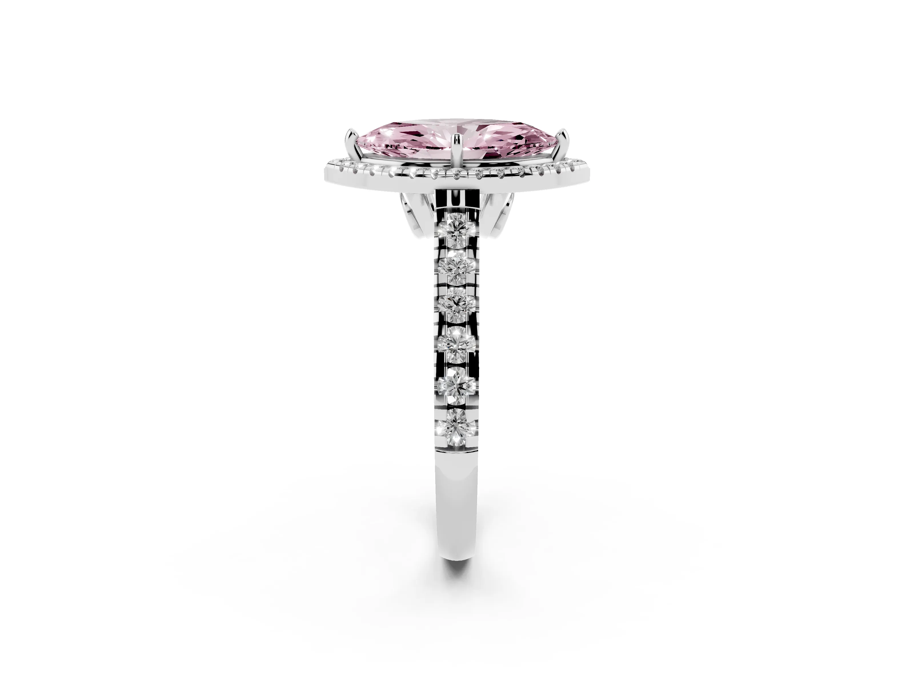Fancy Pink Marquise Cut Diamond Halo Engagement Ring Set in Platinum with Pavé Band and Prong-Set Center