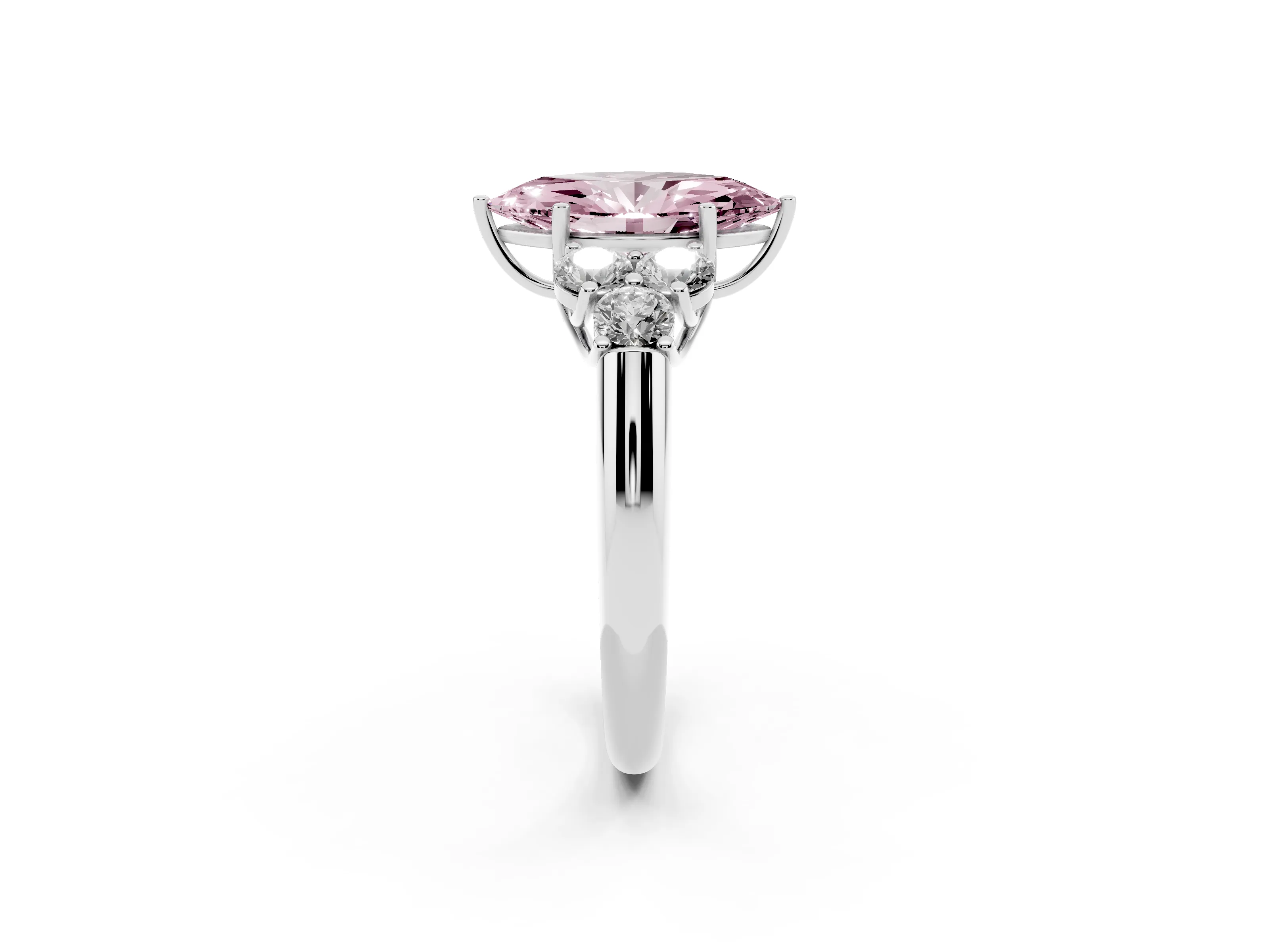 Fancy Pink Marquise Cut Diamond Cluster Ring Set in Platinum with Round Accent Stones and Prong Setting on a Plain Band