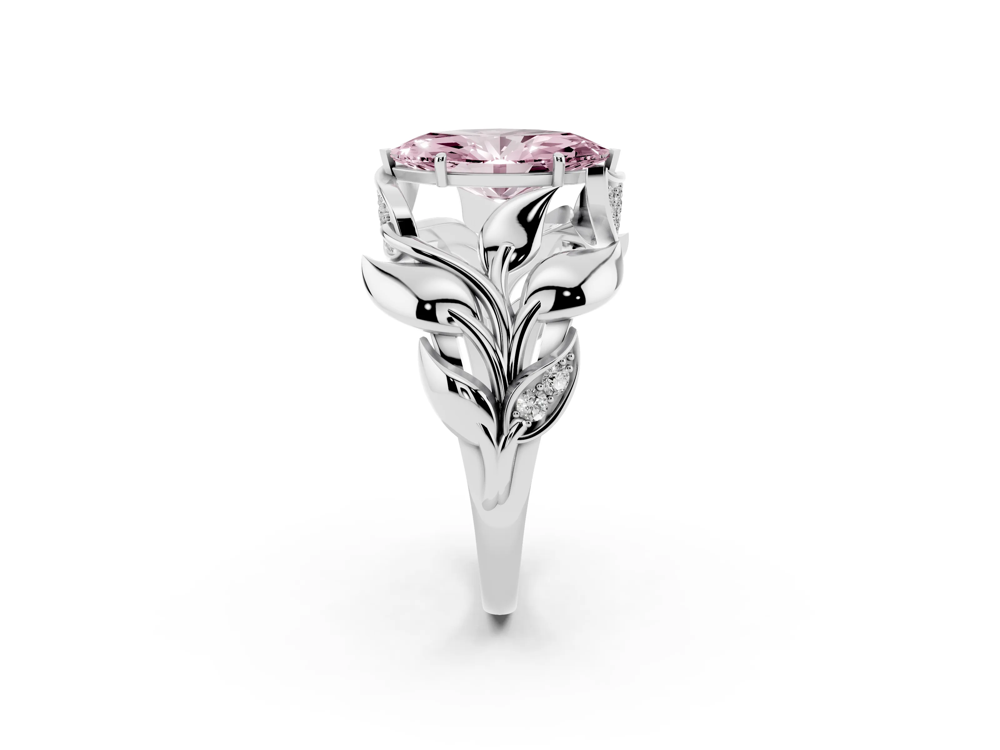 Fancy Pink Marquise Cut Diamond Leaf-Inspired Engagement Ring Set in Platinum with Round Accents
