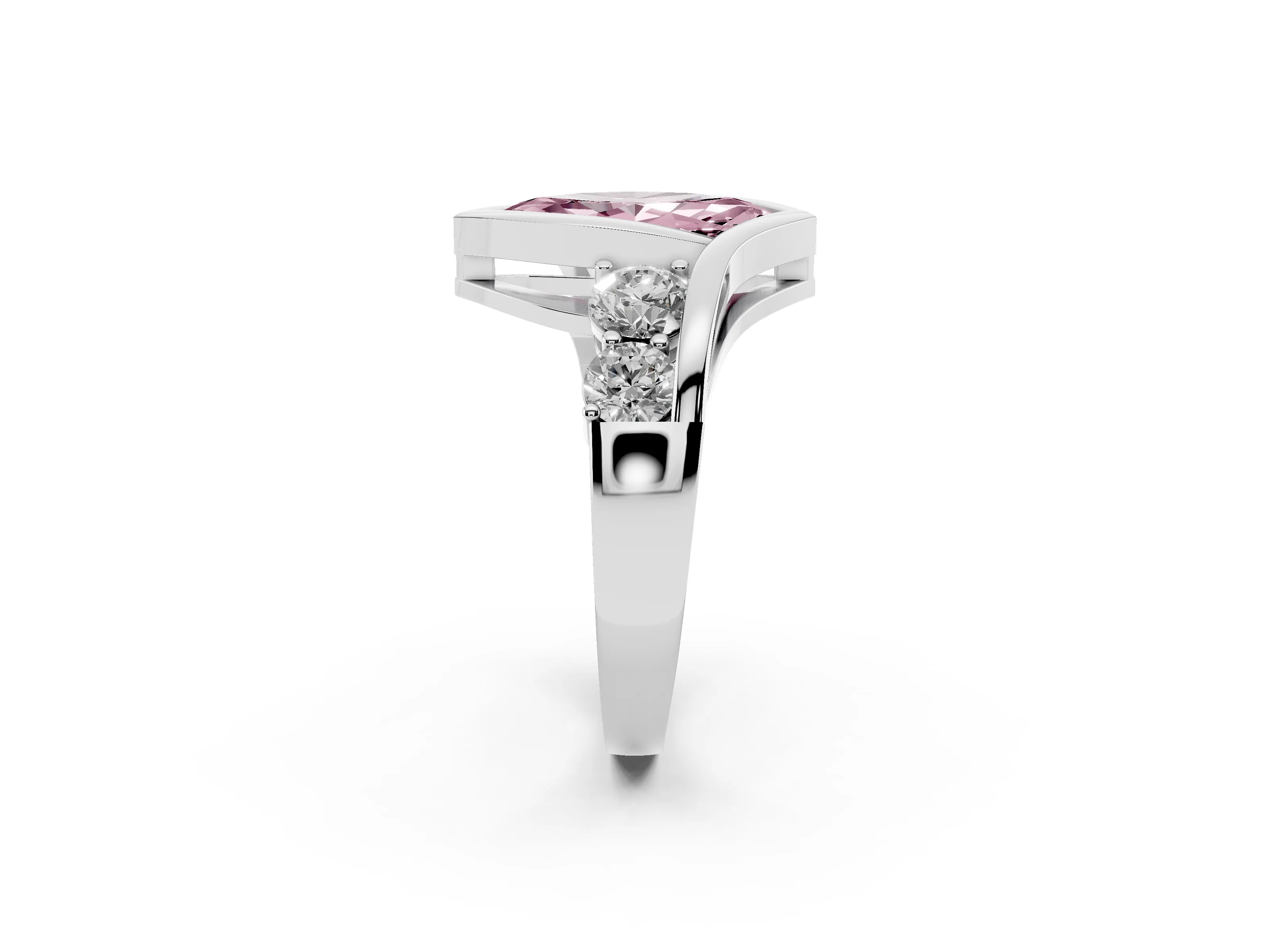 Fancy Pink Marquise Cut Diamond Bezel Bypass Ring Set in Silver with Round Accents