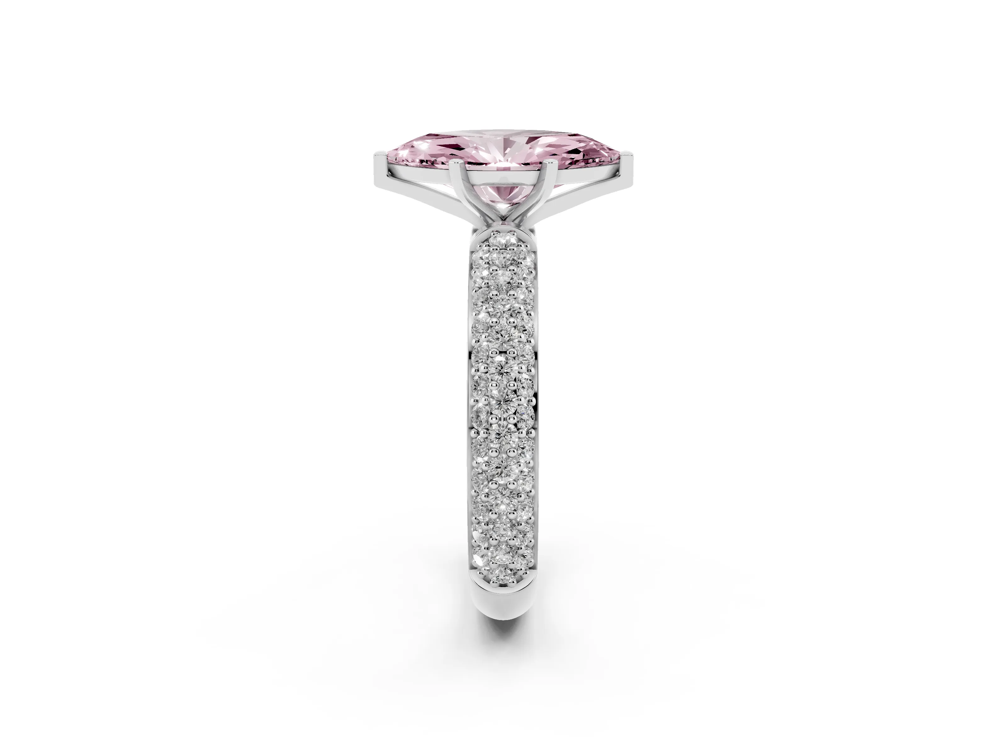 Fancy Pink Marquise Cut Diamond Solitaire Ring Set in Platinum with Prong Setting and Pavé-Set Band