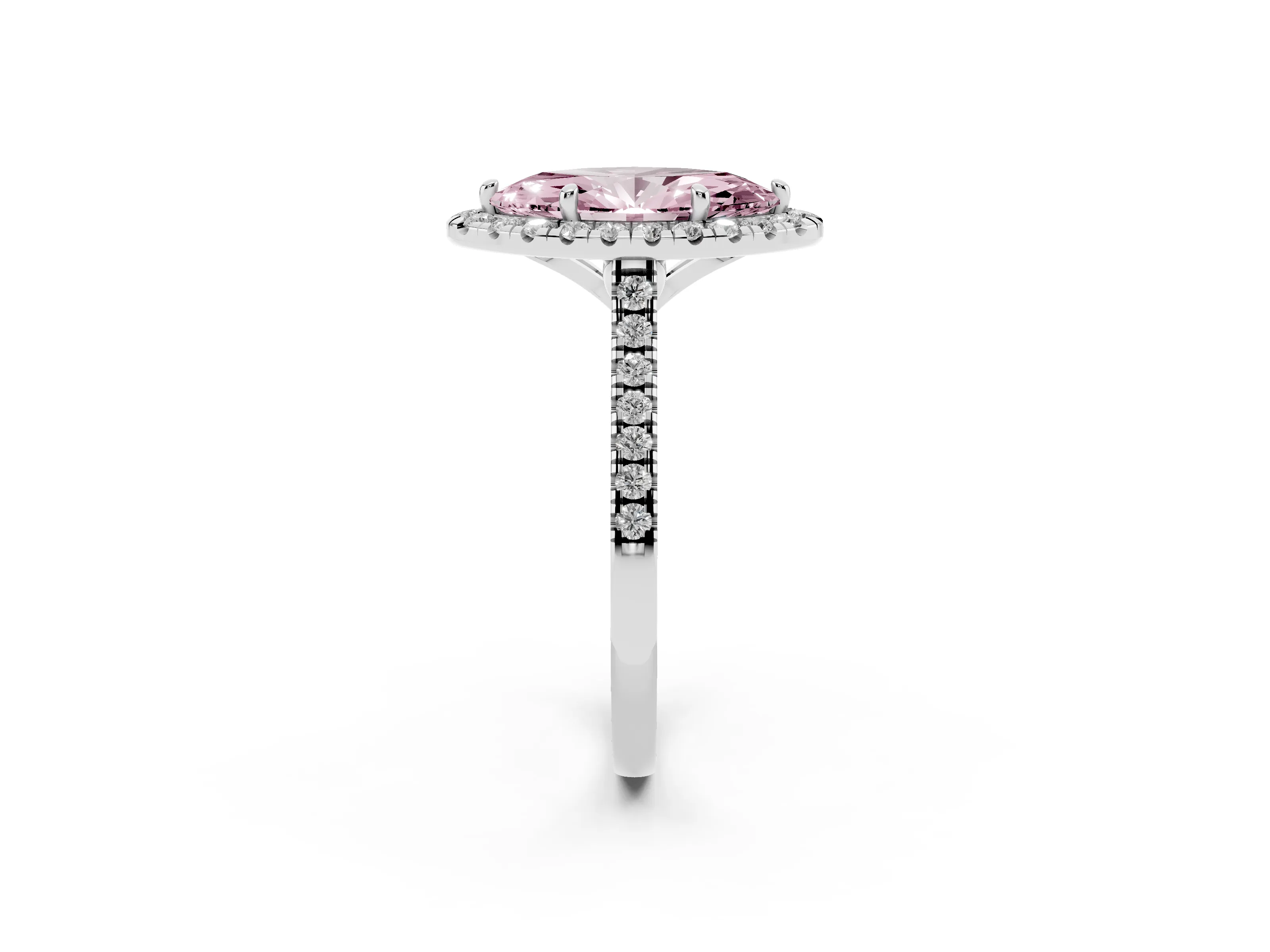 Fancy Pink Marquise Cut Diamond Cushion Halo Ring Set in White gold with Pavé Band