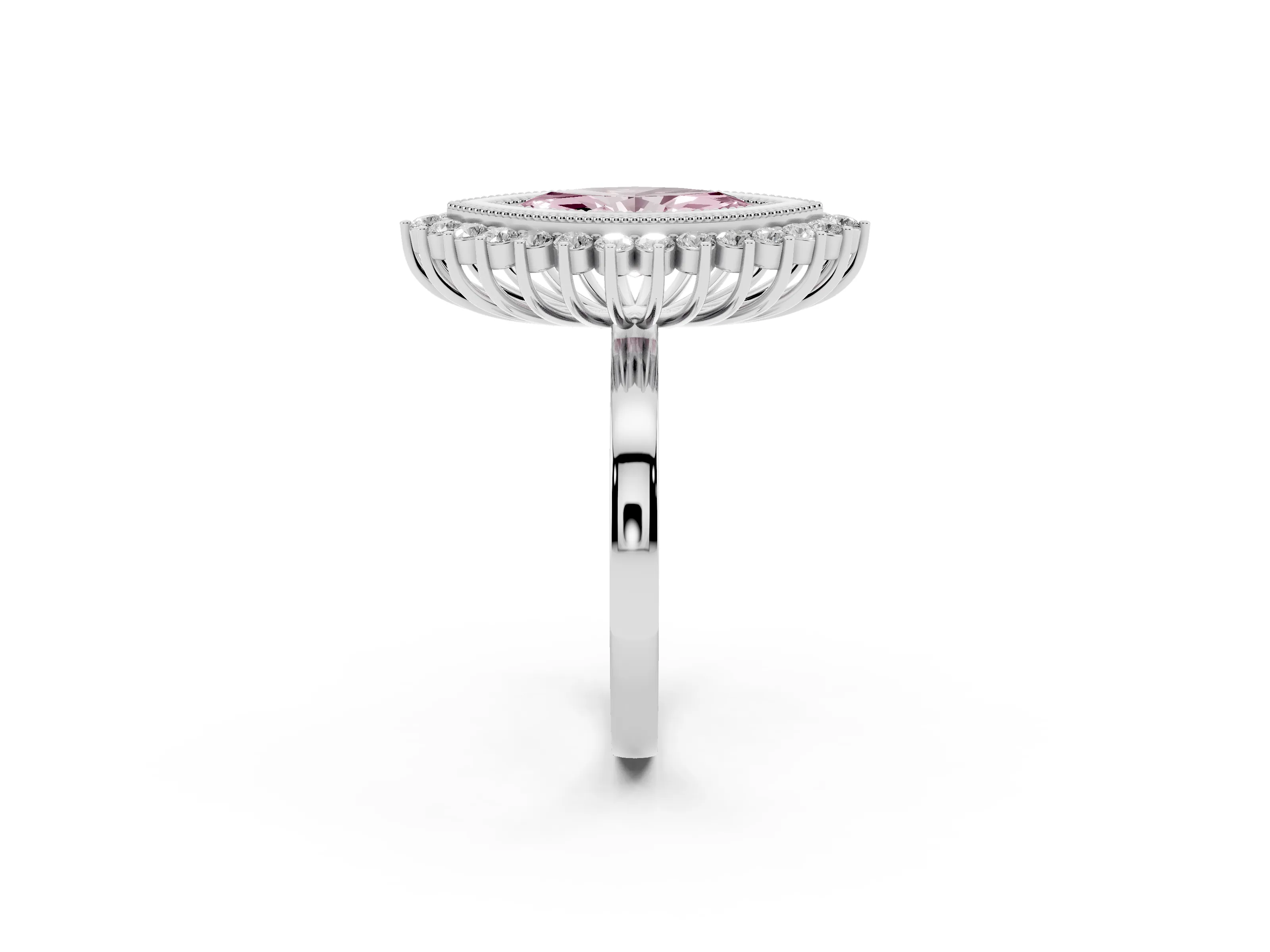 Fancy Pink Marquise Cut Diamond Halo Ring Set in Silver with Milgrain Edge and Round Prong Setting