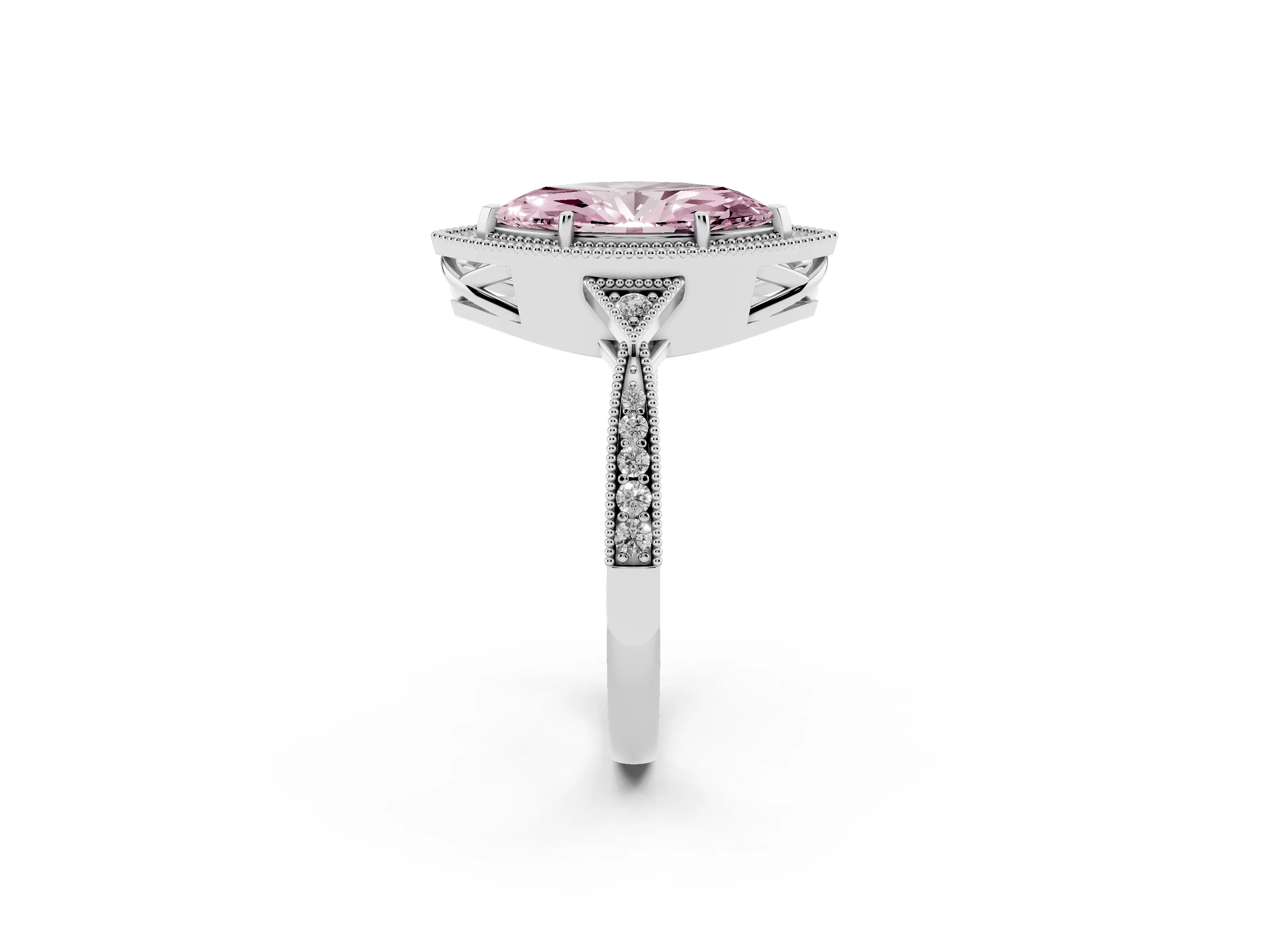 Fancy Pink Marquise Cut Diamond Halo Engagement Ring Set in White gold with Milgrain Pavé Band
