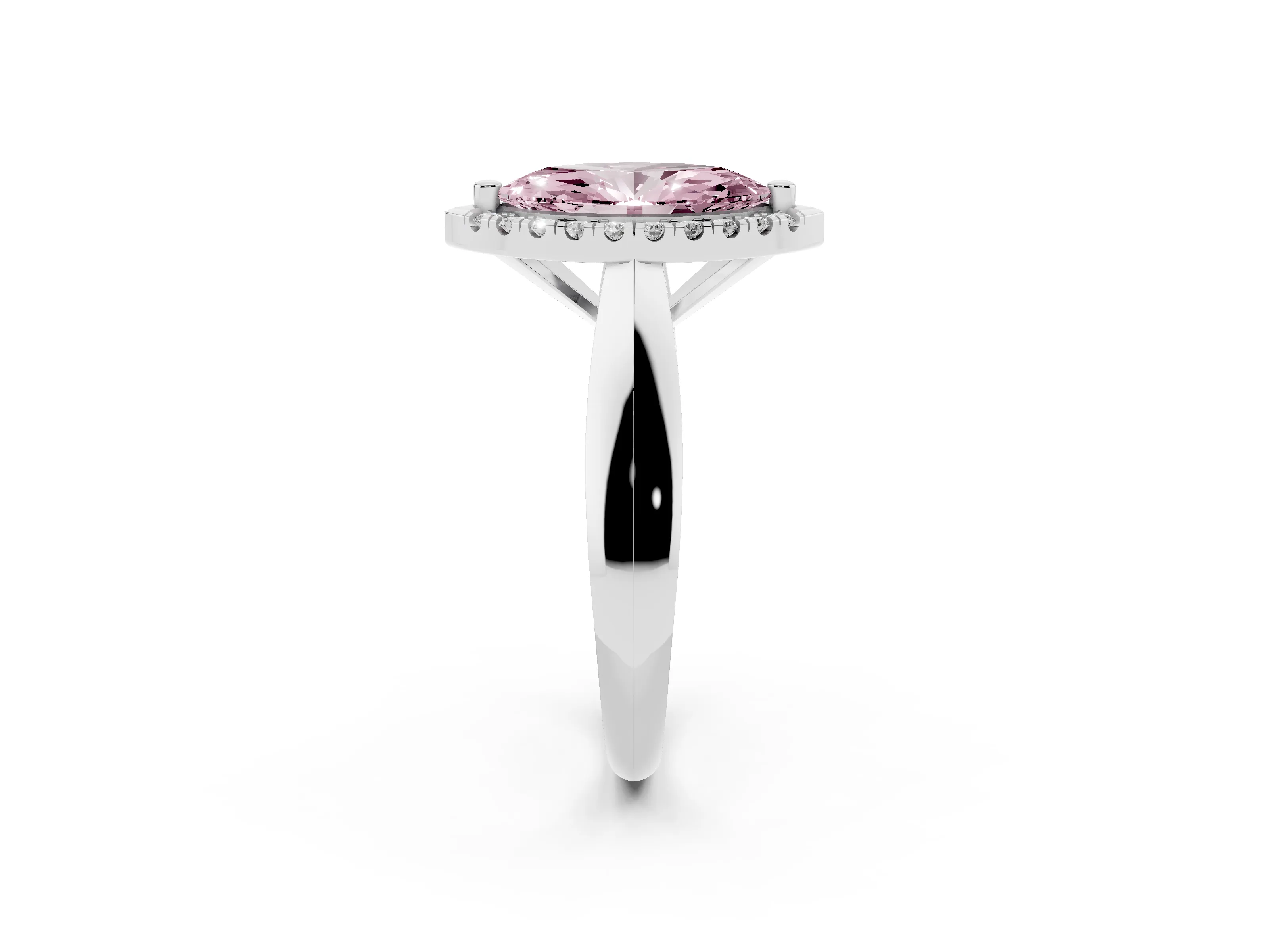 Fancy Pink Marquise Cut Diamond Halo Solitaire Engagement Ring Set in Platinum with Square Band and Prong Setting