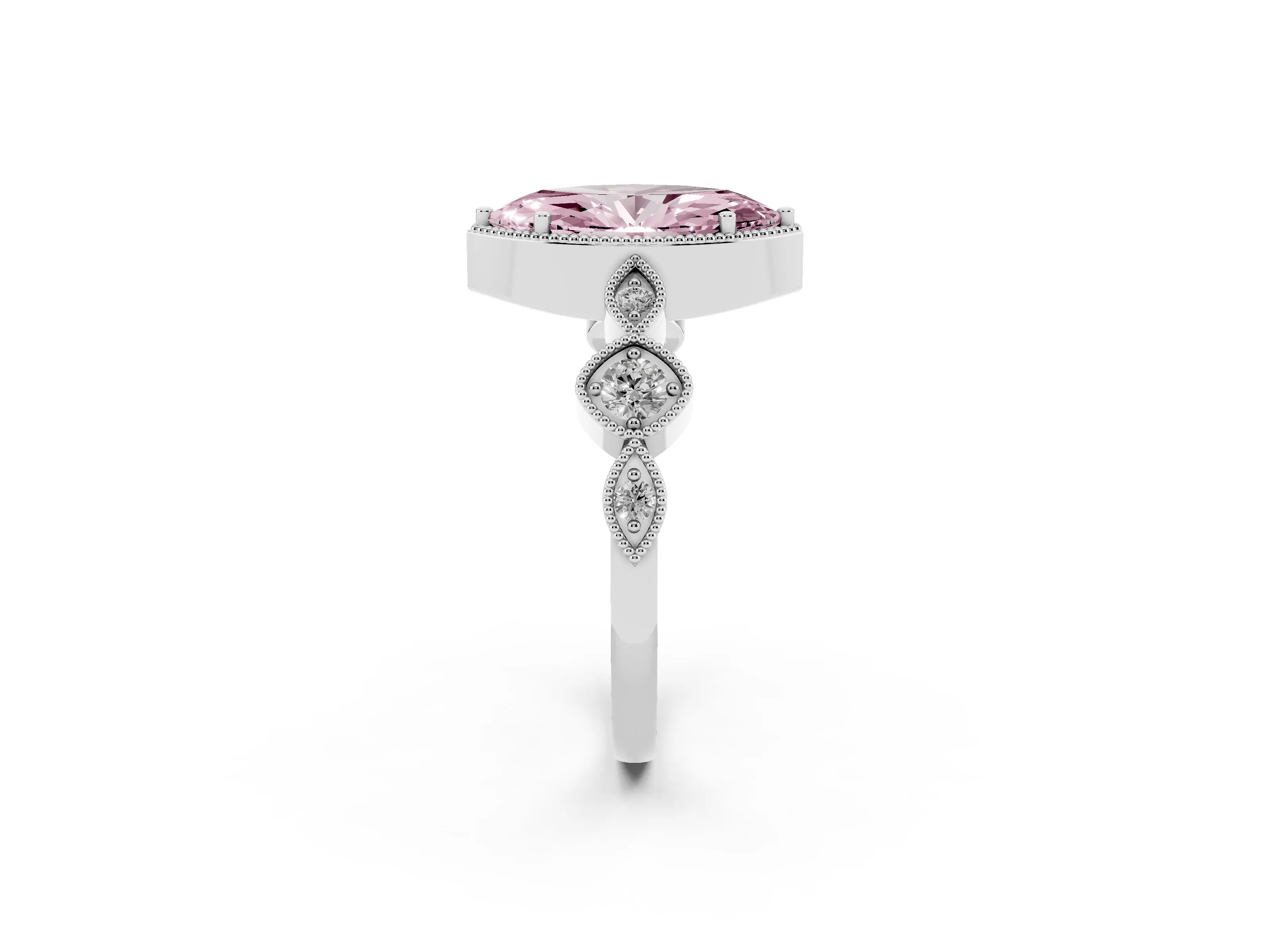Fancy Pink Marquise Cut Diamond Vintage-Inspired Milgrain Ring Set in White gold with Marquise Stations of Round Accents