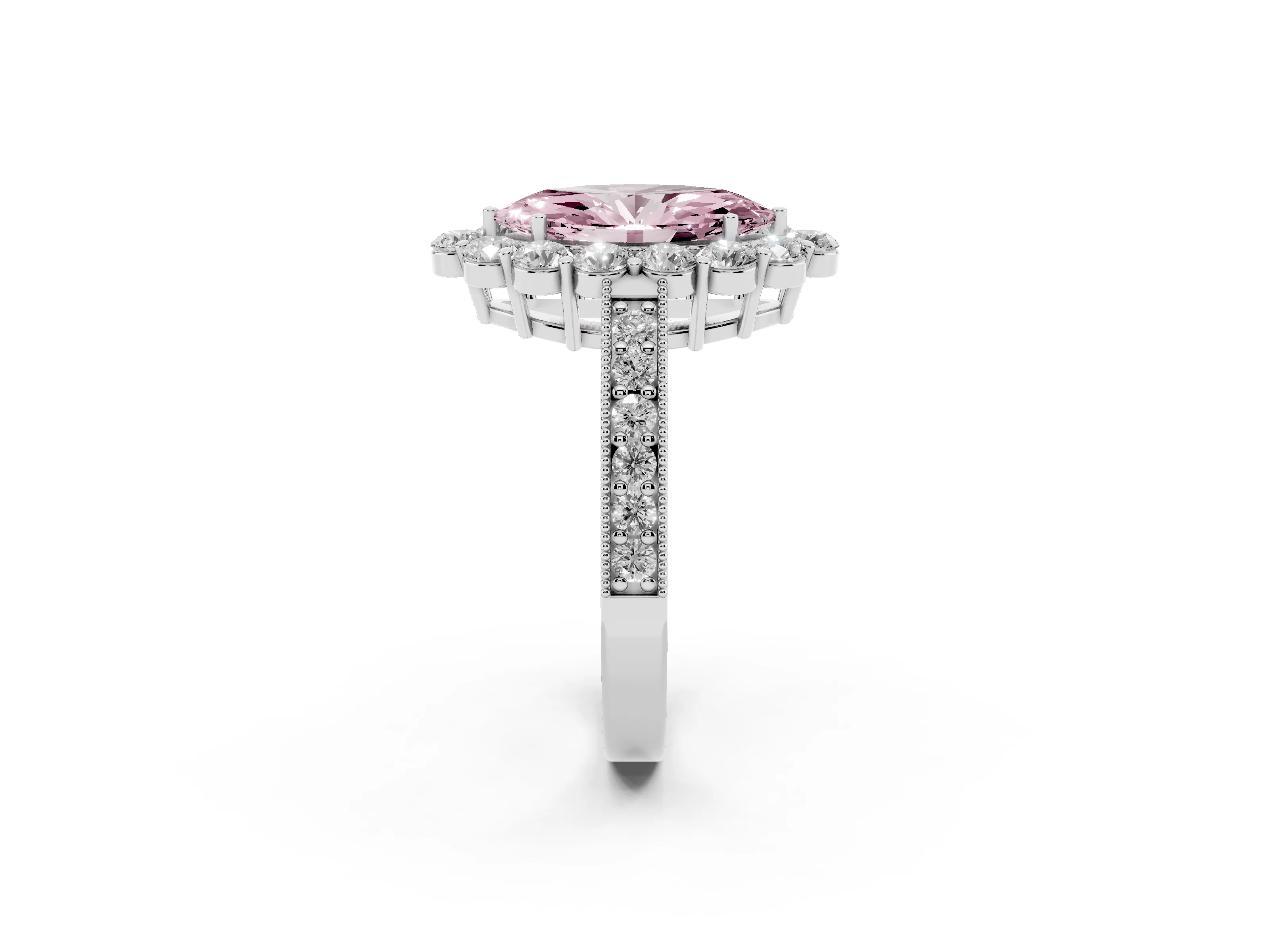Fancy Pink Marquise Cut Diamond Halo Pavé Engagement Ring Set in White gold with Milgrain Detailing